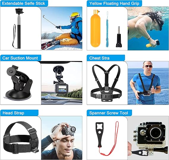 9'u 1 arada aksiyon kamerası aksesuar seti, göğüs kemeri tutucu dış mekan spor kıyafeti Gopro Hero 10/9/8/7/6/5/4 Insta360 DJI SJCAM APEMAN AKASO ve diğer spor türleri kamera ile uyumlu