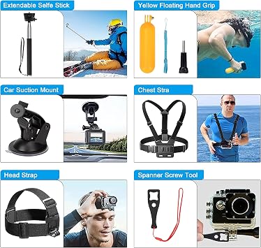 9'u 1 arada aksiyon kamerası aksesuar seti, göğüs kemeri tutucu dış mekan spor kıyafeti Gopro Hero 10/9/8/7/6/5/4 Insta360 DJI SJCAM APEMAN AKASO ve diğer spor türleri kamera ile uyumlu
