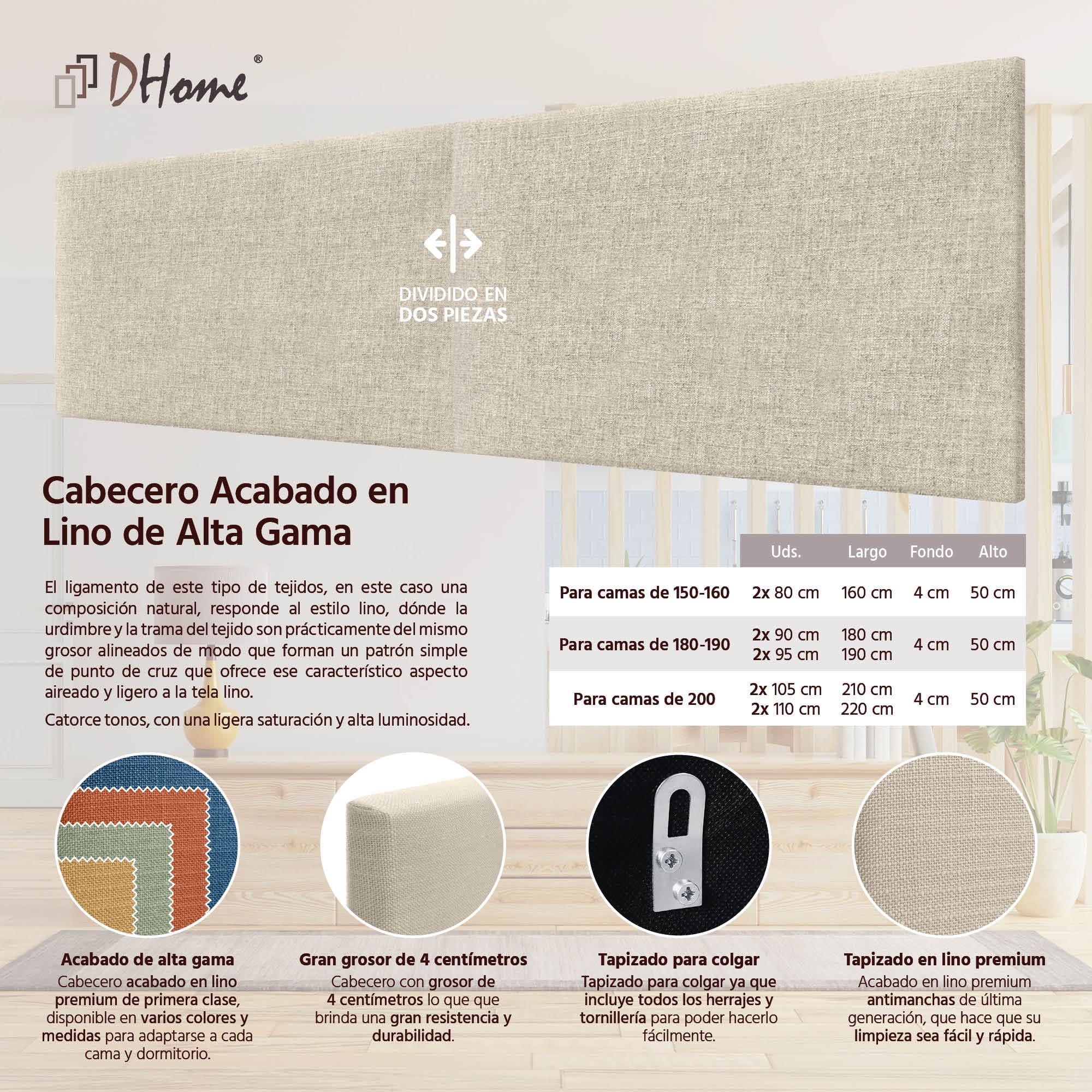 DHOME Cabecero de Lino Natural Liso Cabezal Tapizado Cama Dormitorio Moderno Top Trending (Lino Natural, 180cm Dual (Camas 180/190))