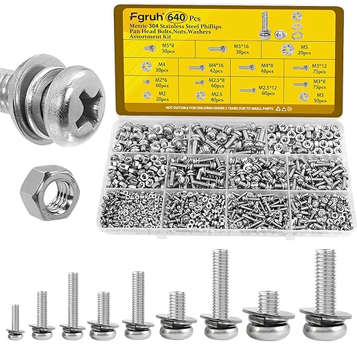 640PCS Machine Screws Assortment Kit,304 Stainless Steel Nuts and Bolts Assorted Set, M2 M2.5 M3 M4 M5 Metric Combination Screw with Fixed Washers (All-in-One Design)