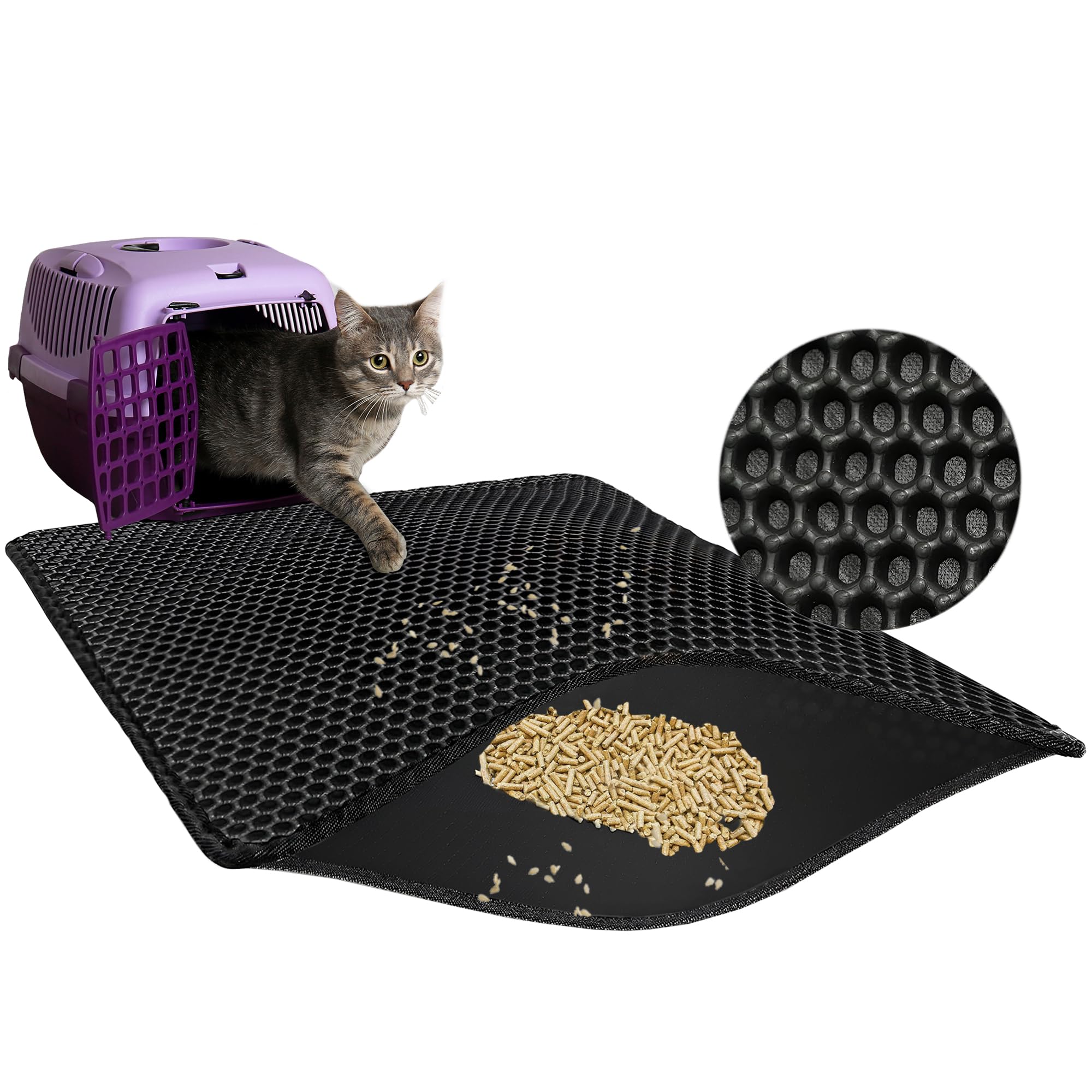 MARTINFORCE - Alfombra Gatos Arenero 60 * 45cm - Alfombrilla Recoge Arena, Material EVO Libre de BPA, Doble Capa, Duradera, Cuadrados en Forma de Panal, Fácil de Limpiar, Color Negro