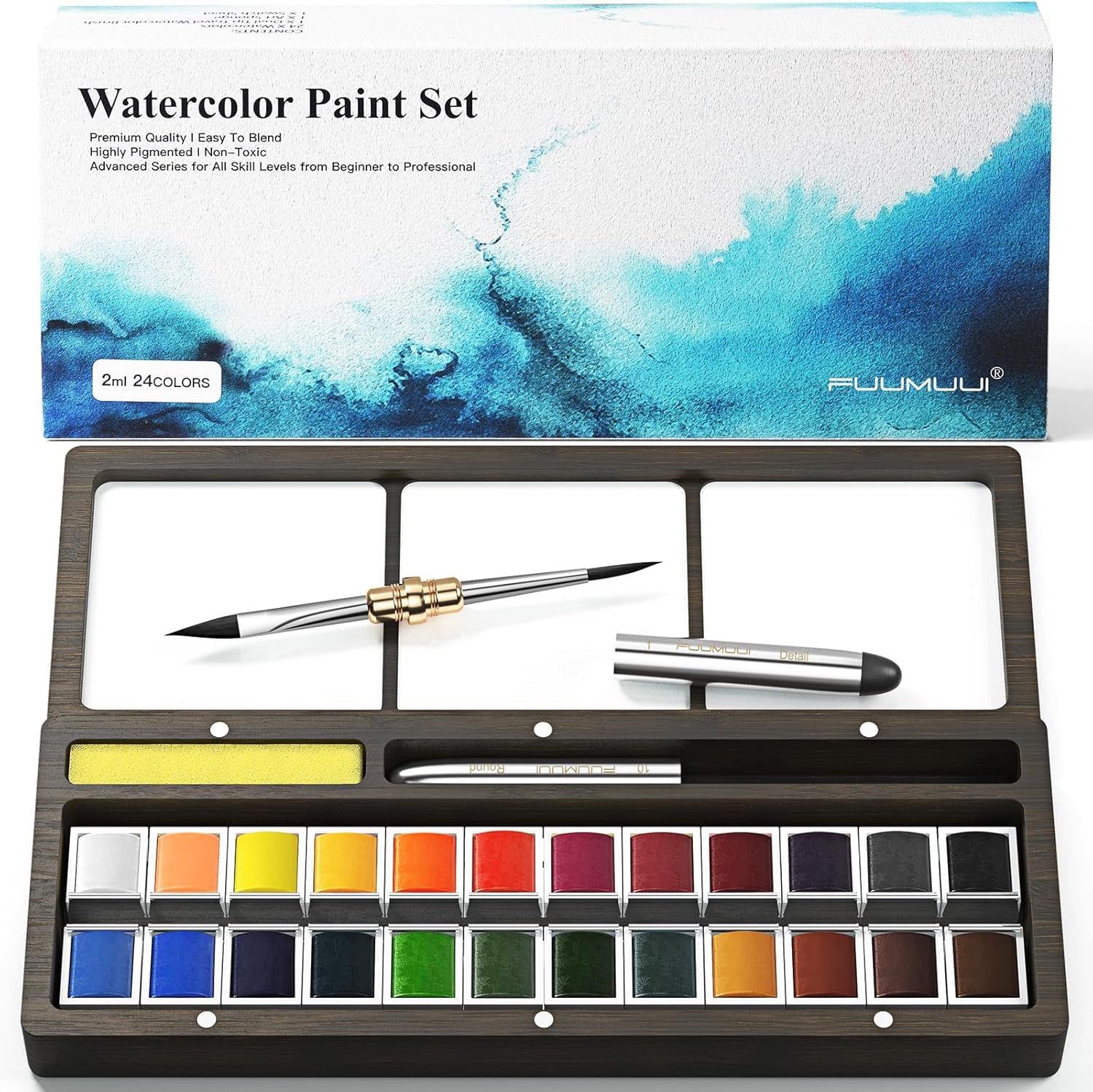 Peinture aquarelle 24 couleurs vives avec palette et pinceau pour dessin sur papier