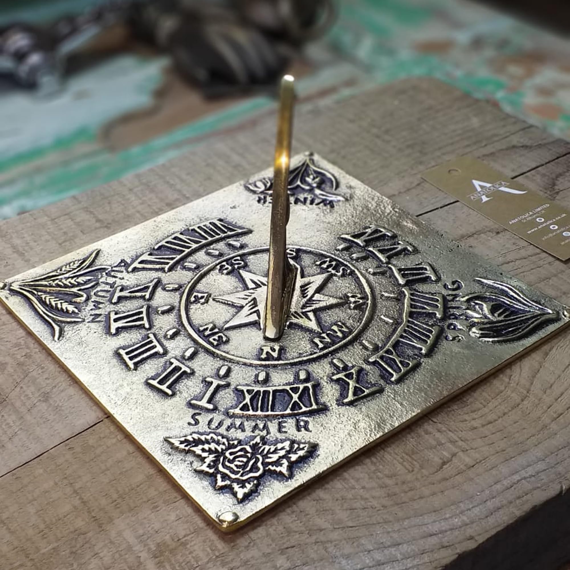 Anatolica Brass Sundial Plate, Square 7 inches, Featuring the Four Seasons, Unlacquered Finish (Antique Bronze)