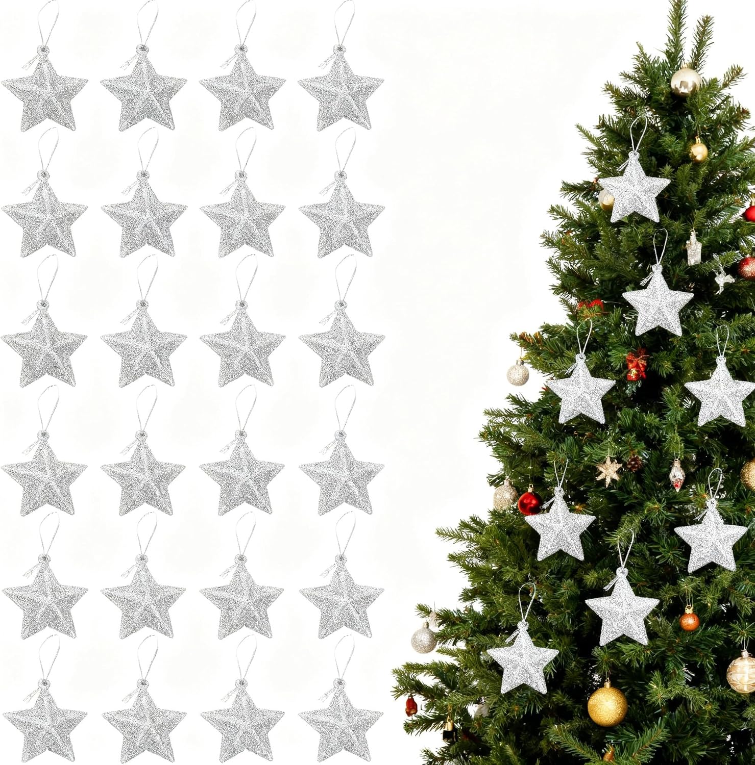 Amazon.com: 24Pcs Silver Glitter Star Ornaments Christmas Tree Mini ...