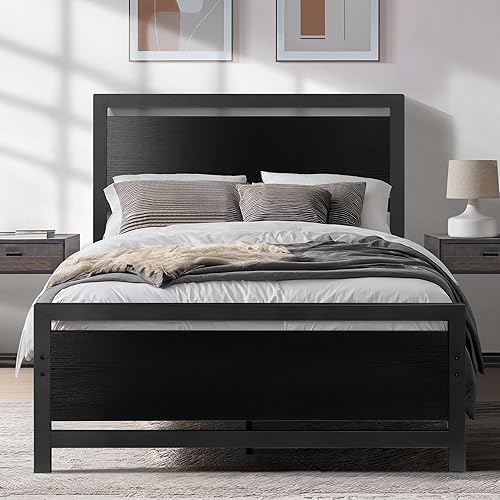 Catrimown Base de cama individual con cabecero y estribo, base de cama de plataforma resistente con fuerte soporte de listones de metal,