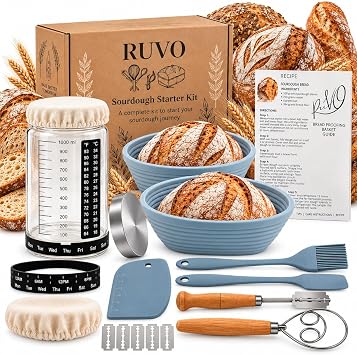 Sourdough Starter Kit   1000 mL Sourdough Starter Jar, 2 Bread Proofing Baskets, Dough Whisk, Thermometer, Feeding Tracker, Silicone Scraper & Bread Baking Accessories for Beginners