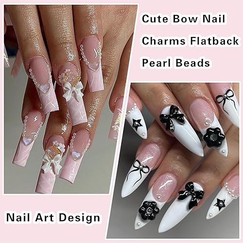 Miniatura 5 de 300 dijes de uñas con lazo y perlas de parte trasera plana, lazo negro, blanco, rosa, 3D, lindos dijes de uñas para diseño de suministros de uñas