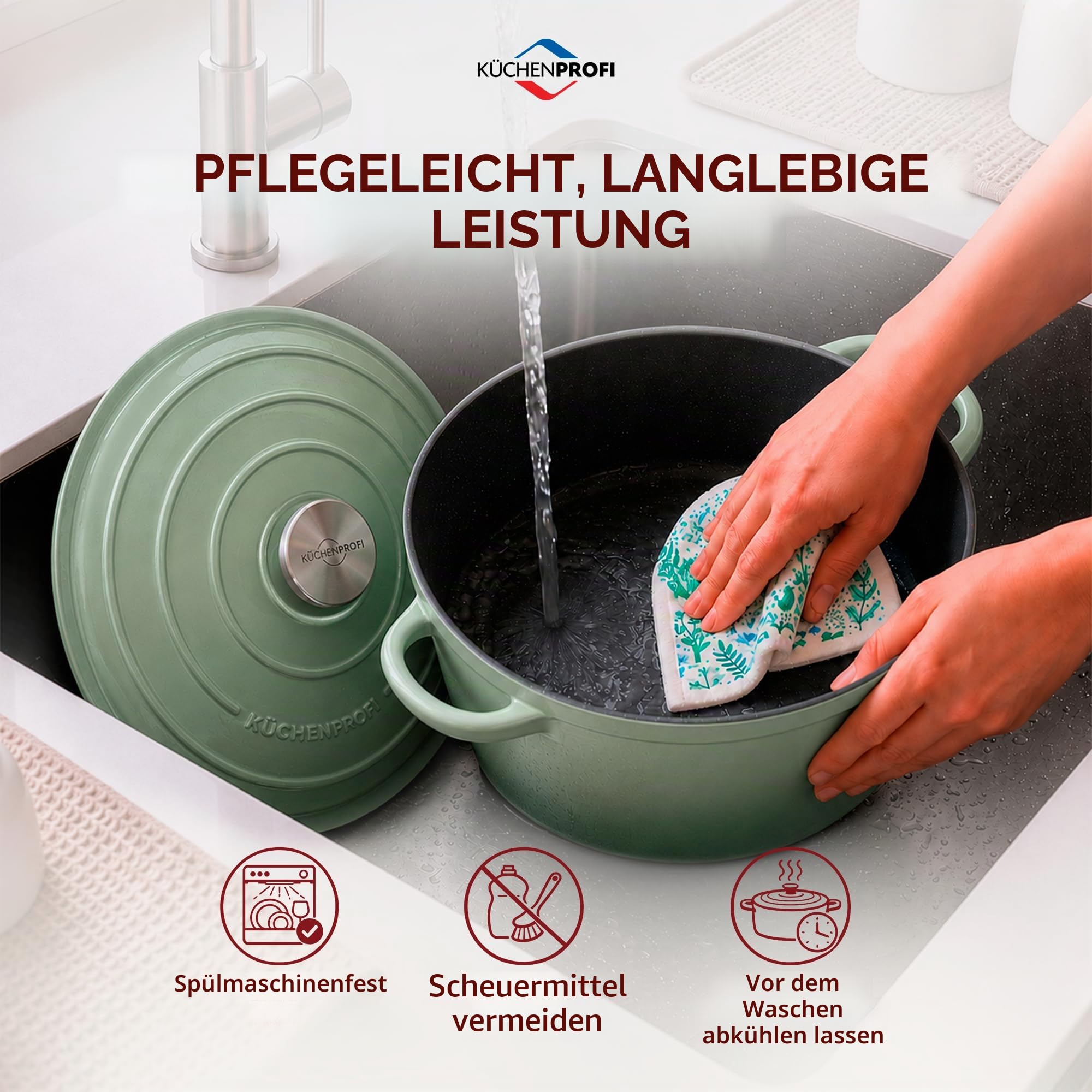 Küchenprofi Gusseisen Bräter mit Deckel rund, jade, 26 cm, Schmortopf, Auflaufform, Dutch Oven, Brotbacktopf, emailliert, für alle Herdarten (inkl. Induktion), zum Schmoren, Backen, Braten