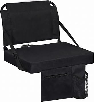 Stadium Seats for Bleachers with Back Support Bleacher Seat Soft Cushion Light Weight Includes Shoulder Strap & Cup Holder, Front & Back Zipper Pocket, Suitable for Sports Events,Black