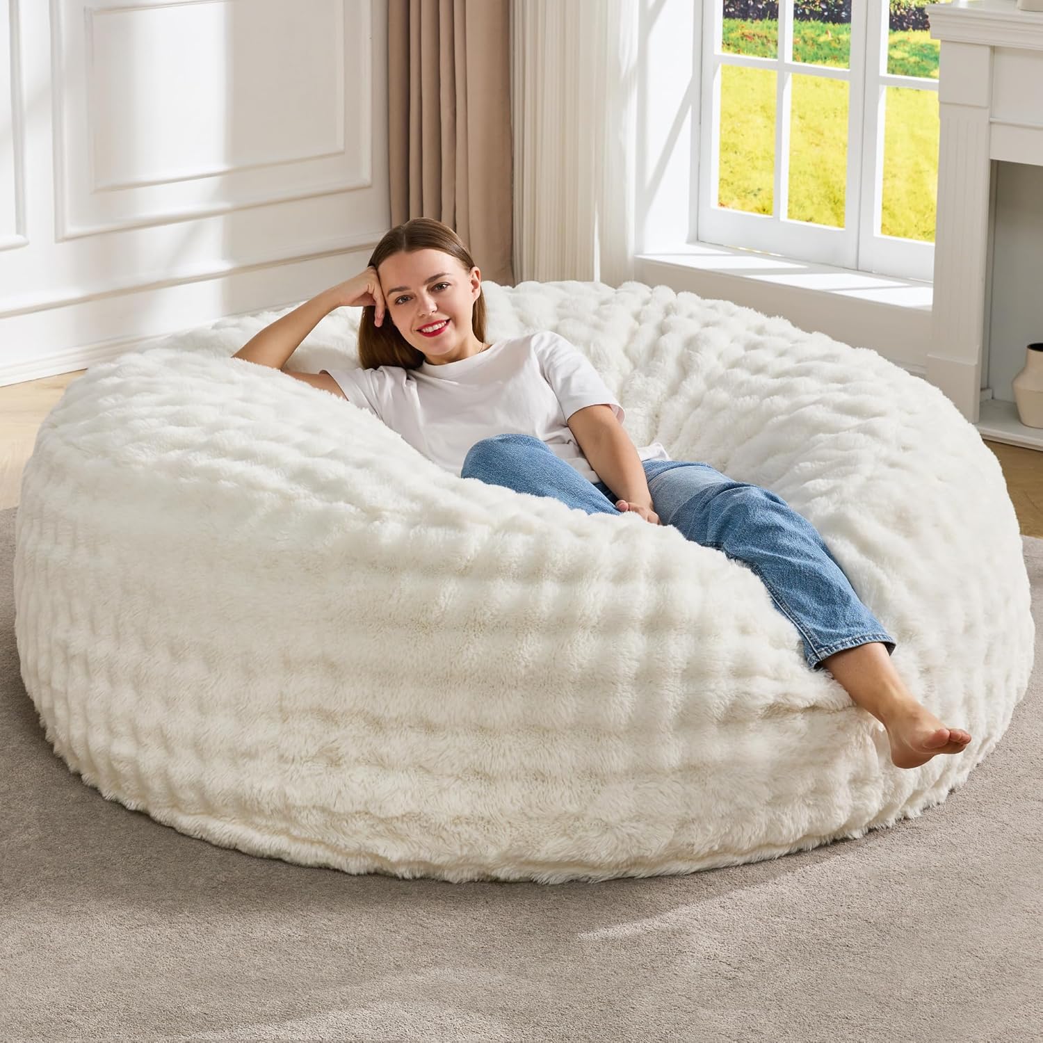 Hobestluk Bean Bag Chairs 5ft Beanbag Chair with Filler Adult Bean Bags with Fluffy & Machine Washable Cover, Giant Bean Bag Chairs for Adults (White, 5FT-50" x 50" x 24") White 5FT-50" x 50" x 24"