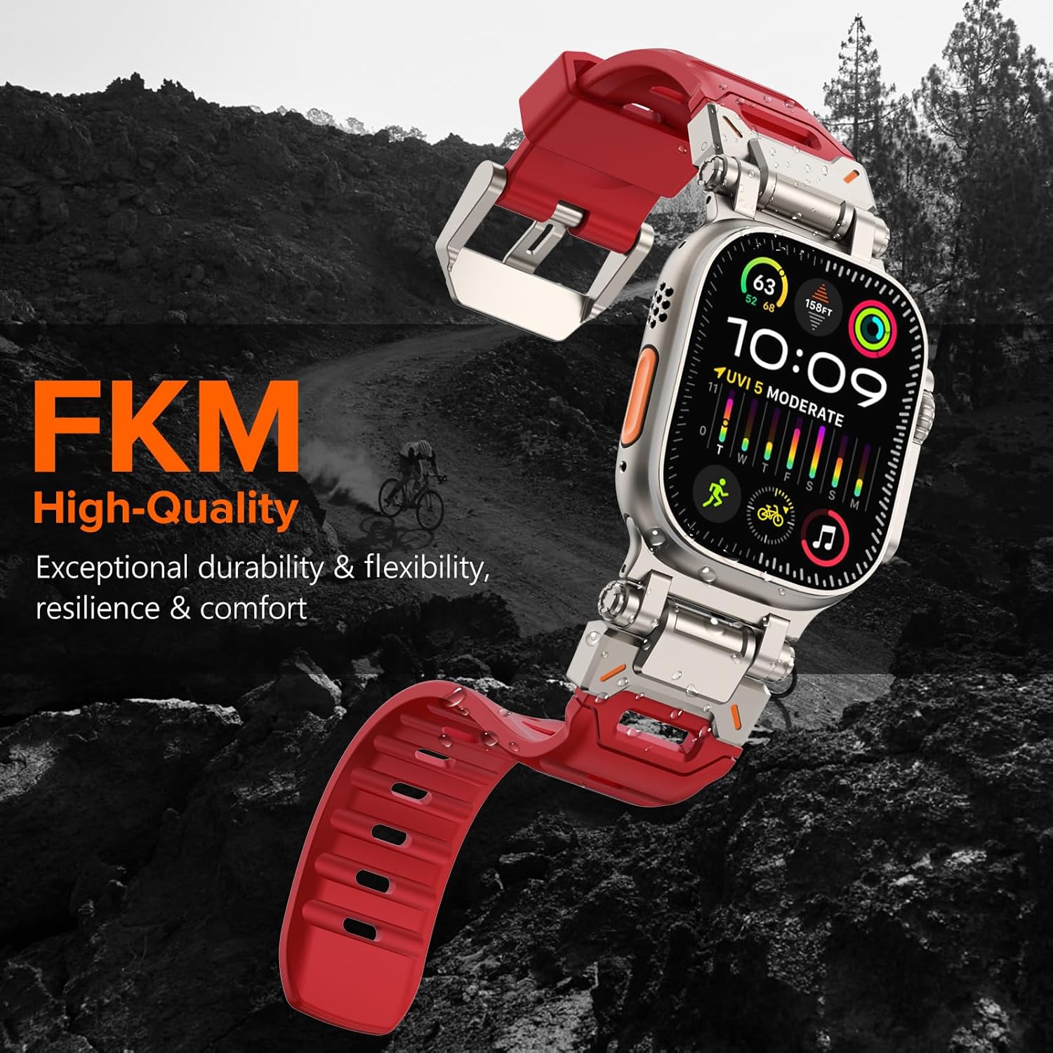 WINGLE FKM Rubber Bands for Apple Watch Band Ultra 3/2/1 Band Ultra 49mm Series 11 10 46mm 45mm 44mm 42mm SE 3/2/1 9 8 7 6 5 4 3 Men, Military Rugged Metal Connector Silicone iWatch Sport Bands, Red - Image 2