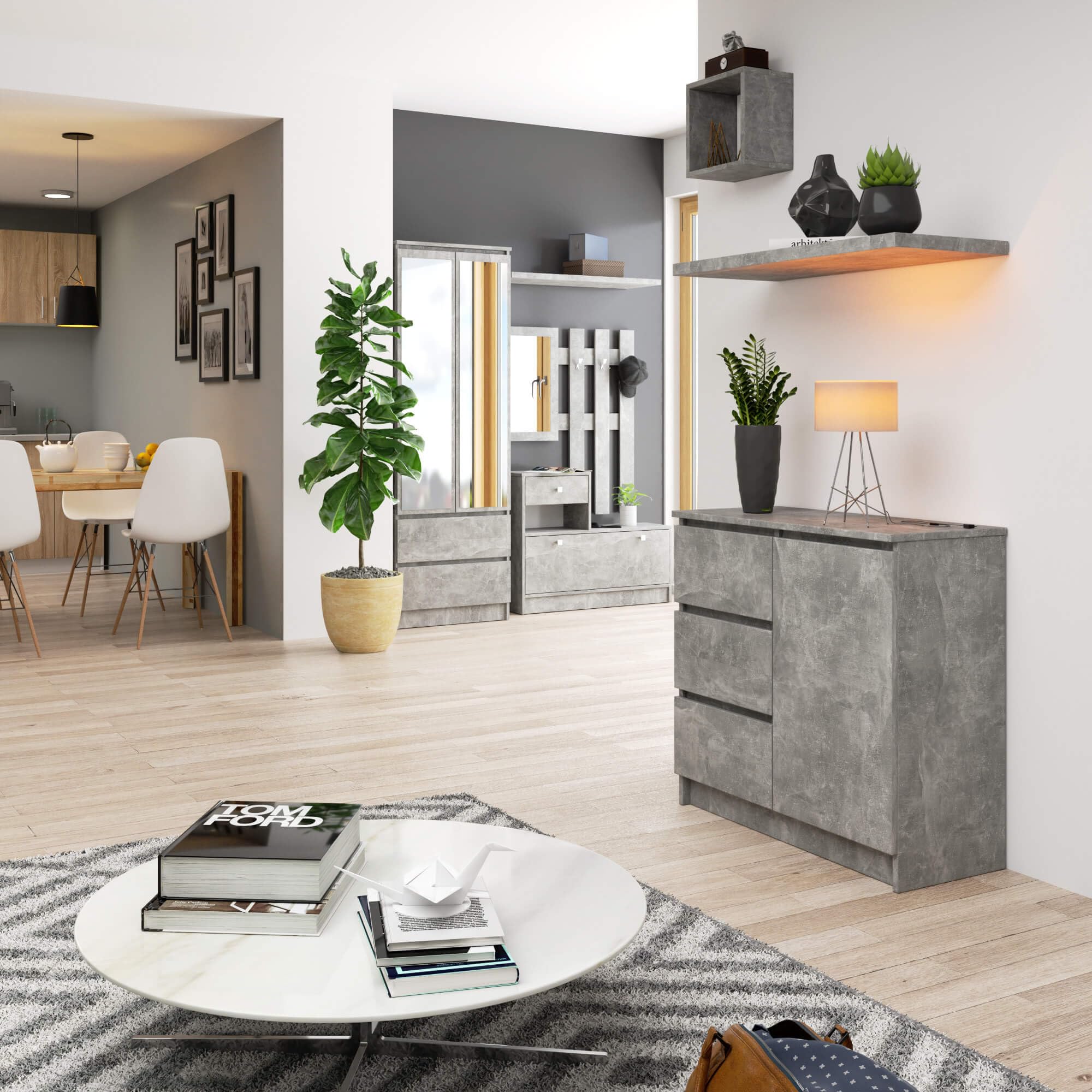 AKORD Kommode K-80 Jerry mit 3 Schubladen | Schrank mit 2 Einlegeböden und 1 Tür | Für das Wohnzimmer Schlafzimmer | Moderne | 16mm Laminierte Platte | 80x77x35 cm | Beton + Beton Front