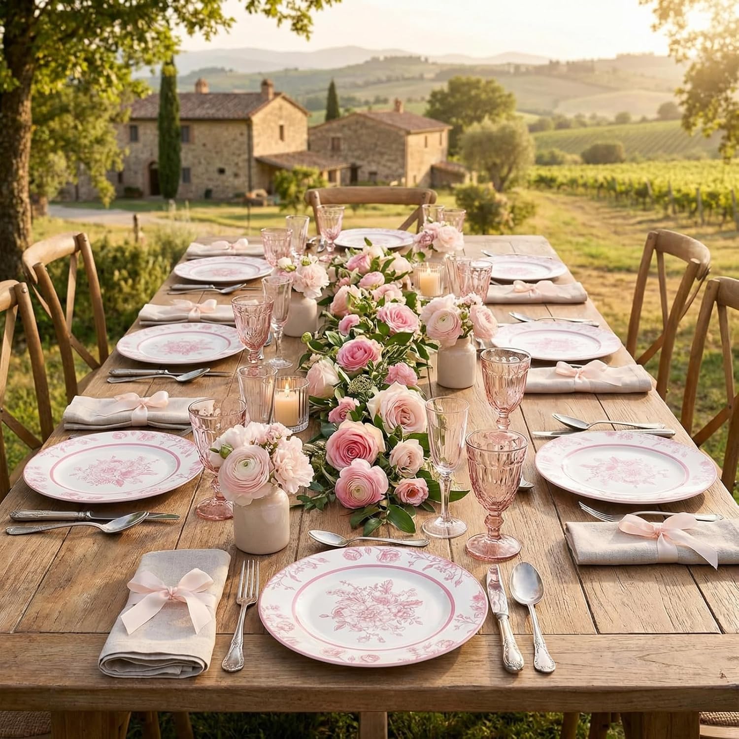 Jinei 8 Pcs Pink Floral Salad Plates Dinnerware Set Chinoiserie Ceramic Round Dessert Serving Plates 8 Inch Dinner Serving Tableware for Kitchen, Microwave Oven Dishwasher Safe