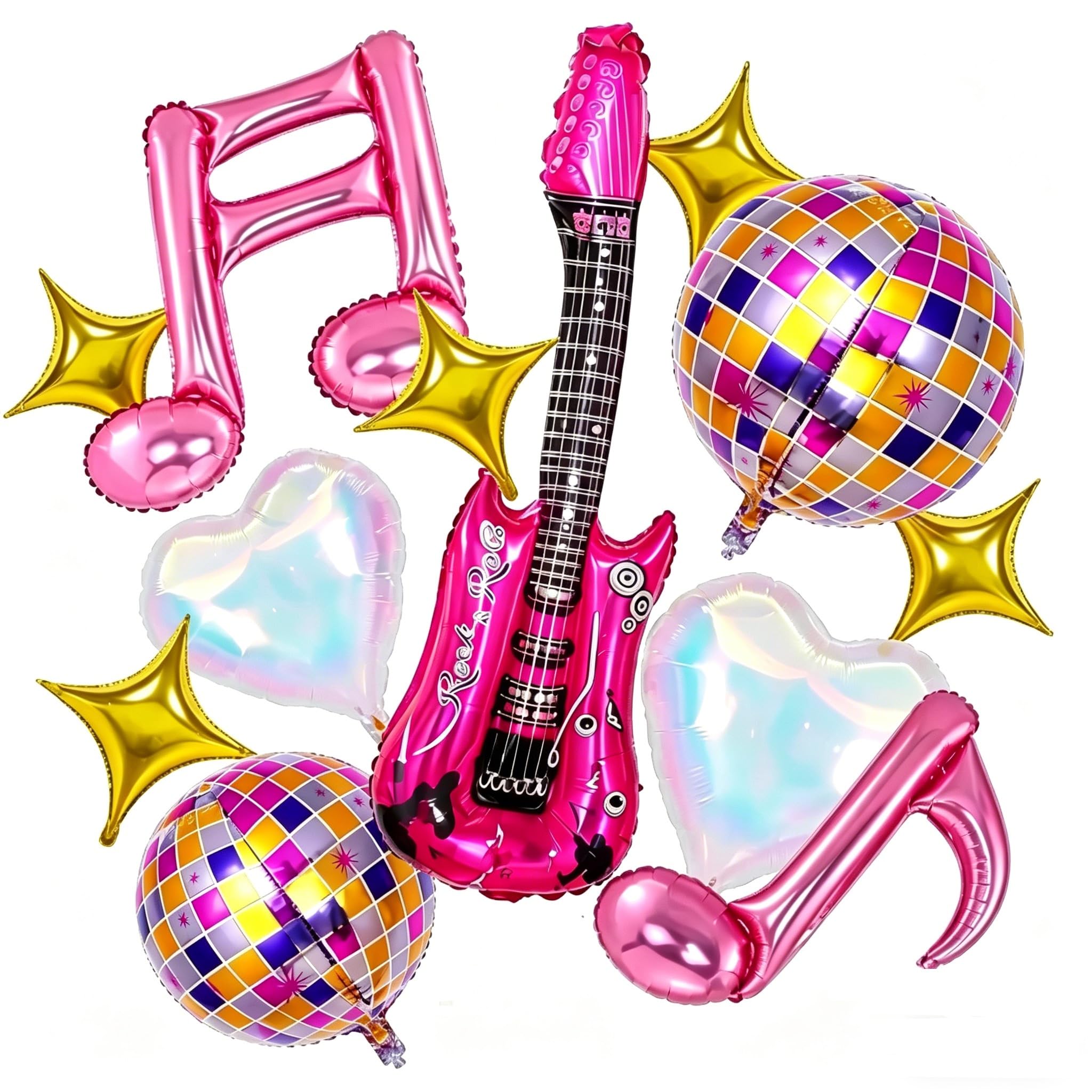 14Pcs Disco Party Decorations Balloons Set, Pink Music Note & Guitar Foil Balloons, 4D Shining Colourful Disco Balloons for 80s Rock&Roll, Dancing Queen Party, Music Concert Dance Birthday Decorations