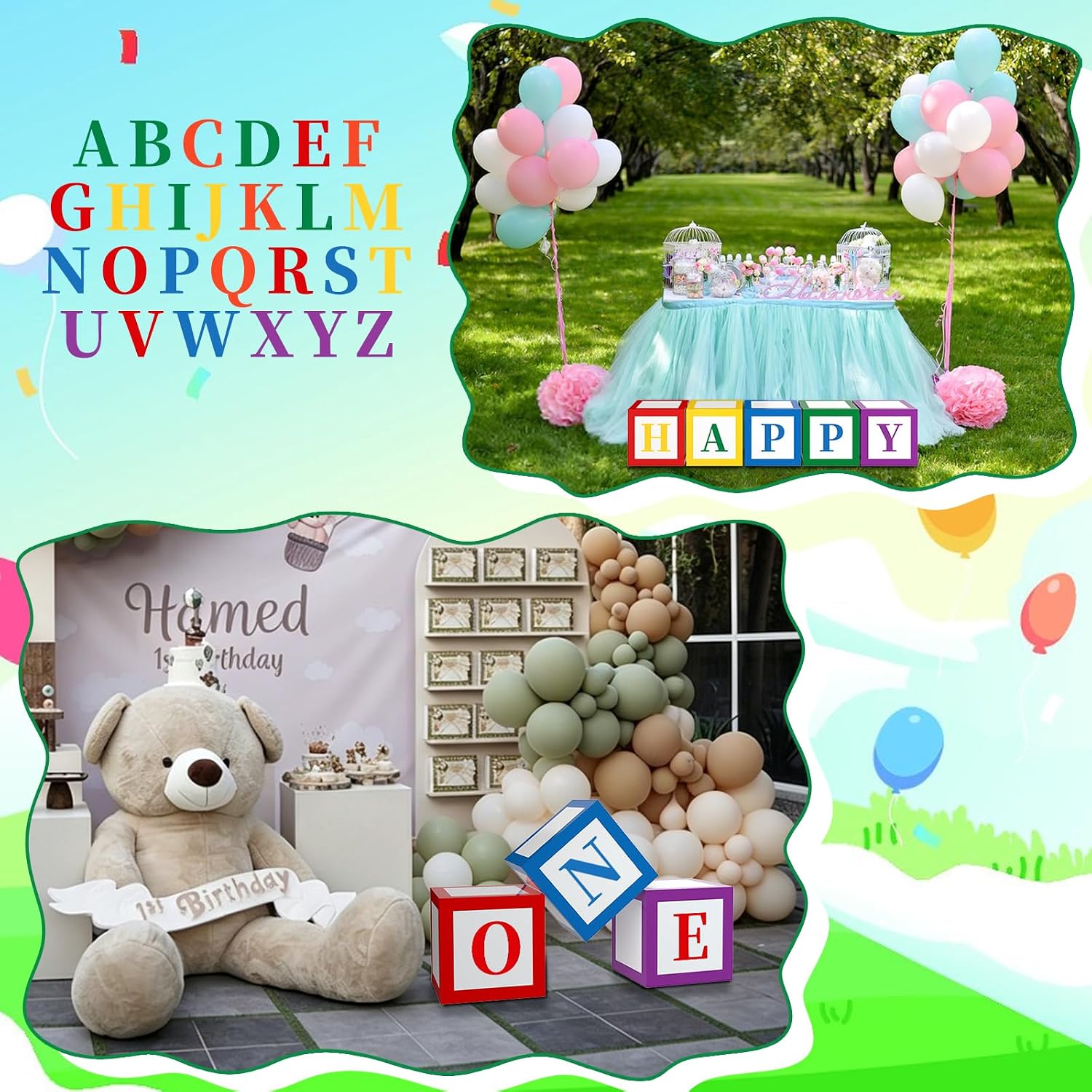 6 Pcs Custom Letter Toy Inspire Party Boxes with 52 Pcs Letter Cutouts, Block Boxes Favor Balloon Boxes Inspire Story Birthday Party Decor for School Baby Shower (ABCDEF-Mixed color) image 5