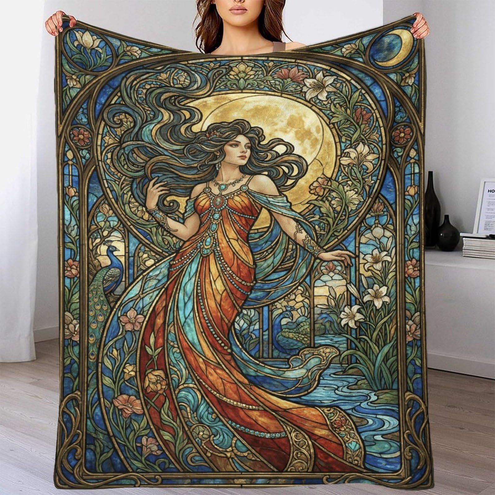 H3B8U2Y5 Art Nouveau Mucha Goddess Flannel Throw Blanket, Car Travel Couch