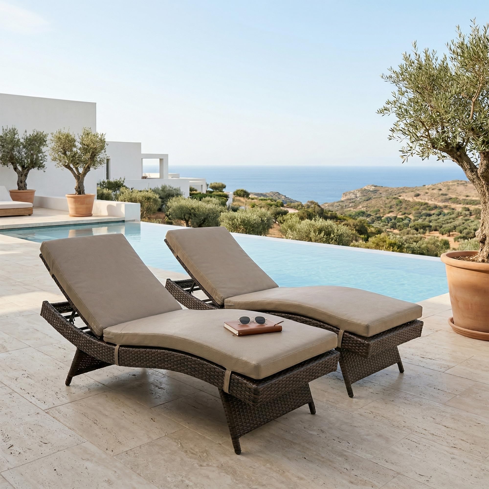OUTLIVING Rattan & Wicker Outdoor Swimming Poolside Lounger Beach Sunbathing Lawn Patio Chaise Sun Lounger Chair with Cushion and Adjustable Backrest. (Dark Brown/Brown)
