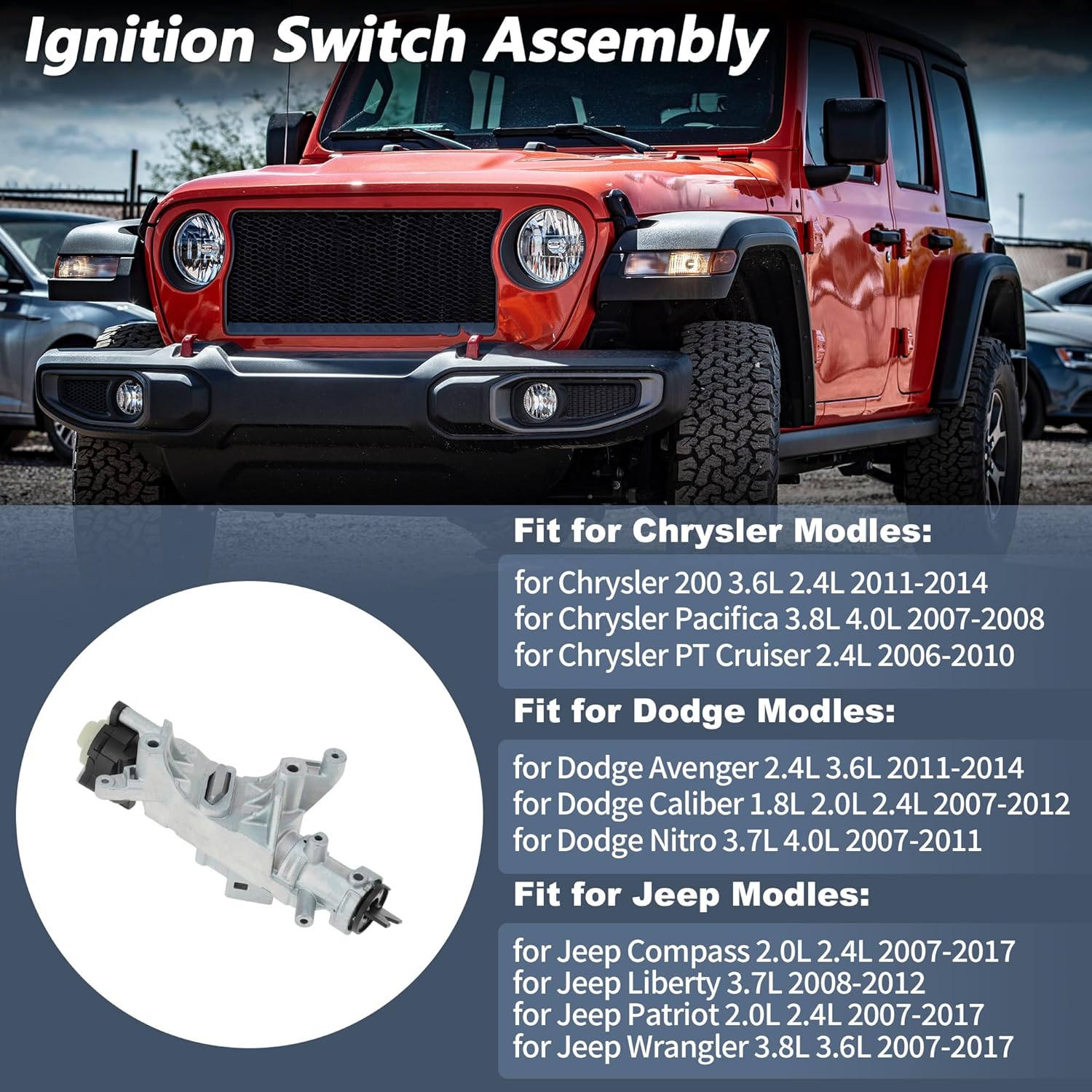 No.68054822AB/5057297AF Ignition Lock Cylinder for Jeep Wrangler 3.8L 3.6L 2007-2017 for Chrysler 200 2011-2014 Ignition Switch Cylinder Barrel Lock