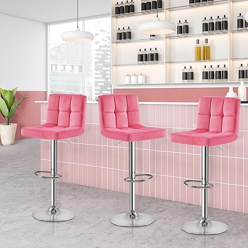 Miniatura 103 de Yaheetech Pink - Juego de 2 taburetes de bar de terciopelo ajustables, taburete giratorio moderno de altura de mostrador con base más grande para