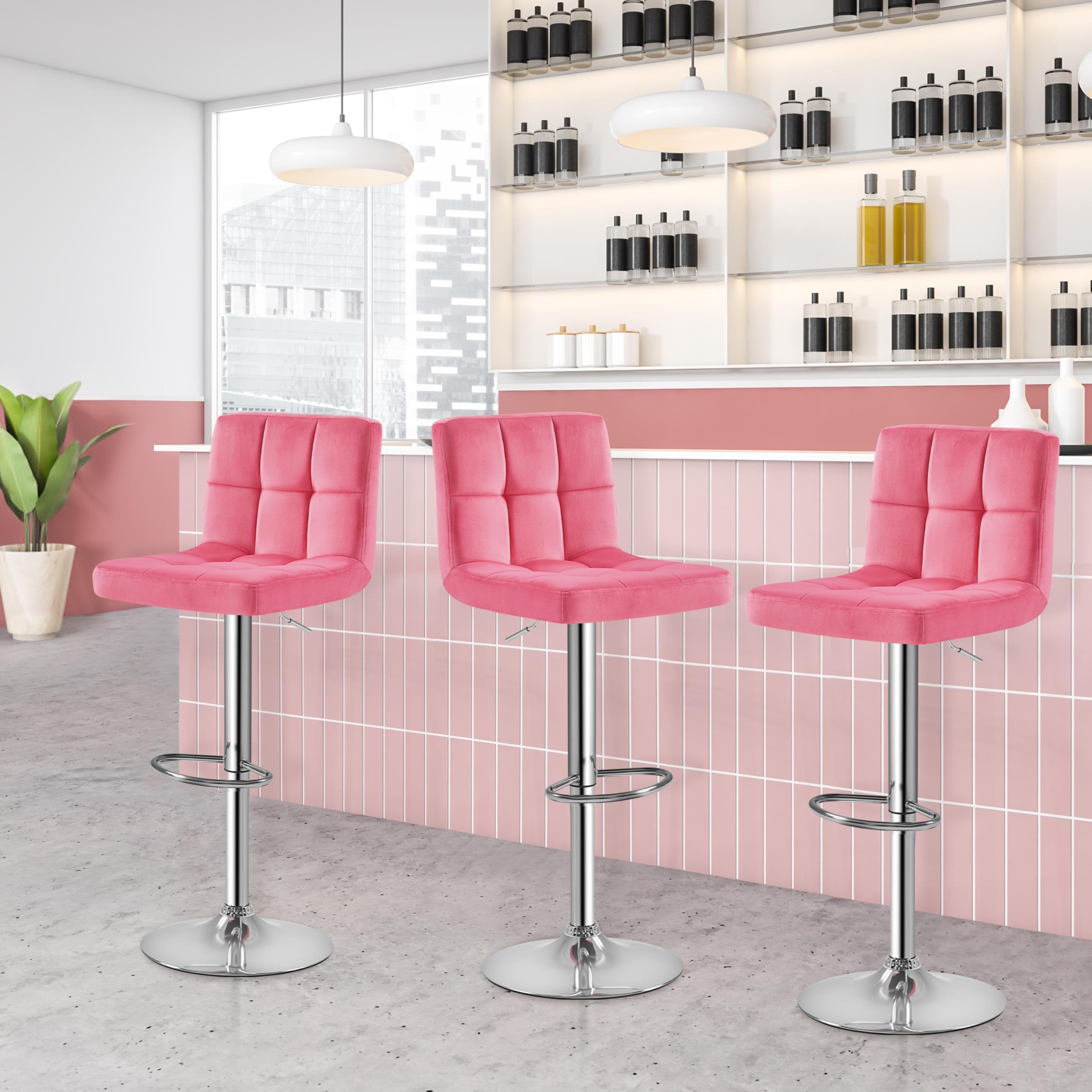 Snapklik.com : Yaheetech Pink Velvet Bar Stools, Adjustable Barstools ...