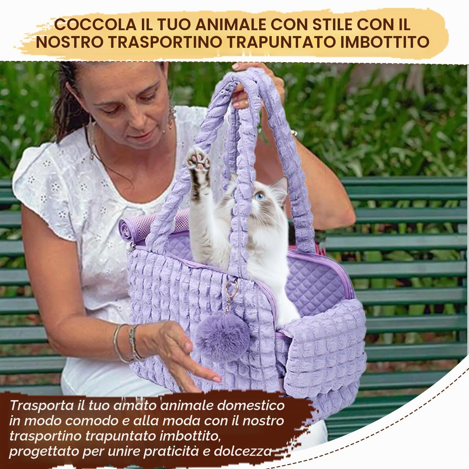Trasportino per gatti con lati morbidi, alla moda, borsa trapuntata con palla soffice e cerniere in rete ventilate, per cuccioli da 5 kg/gatto da 6,8 kg (nero)
