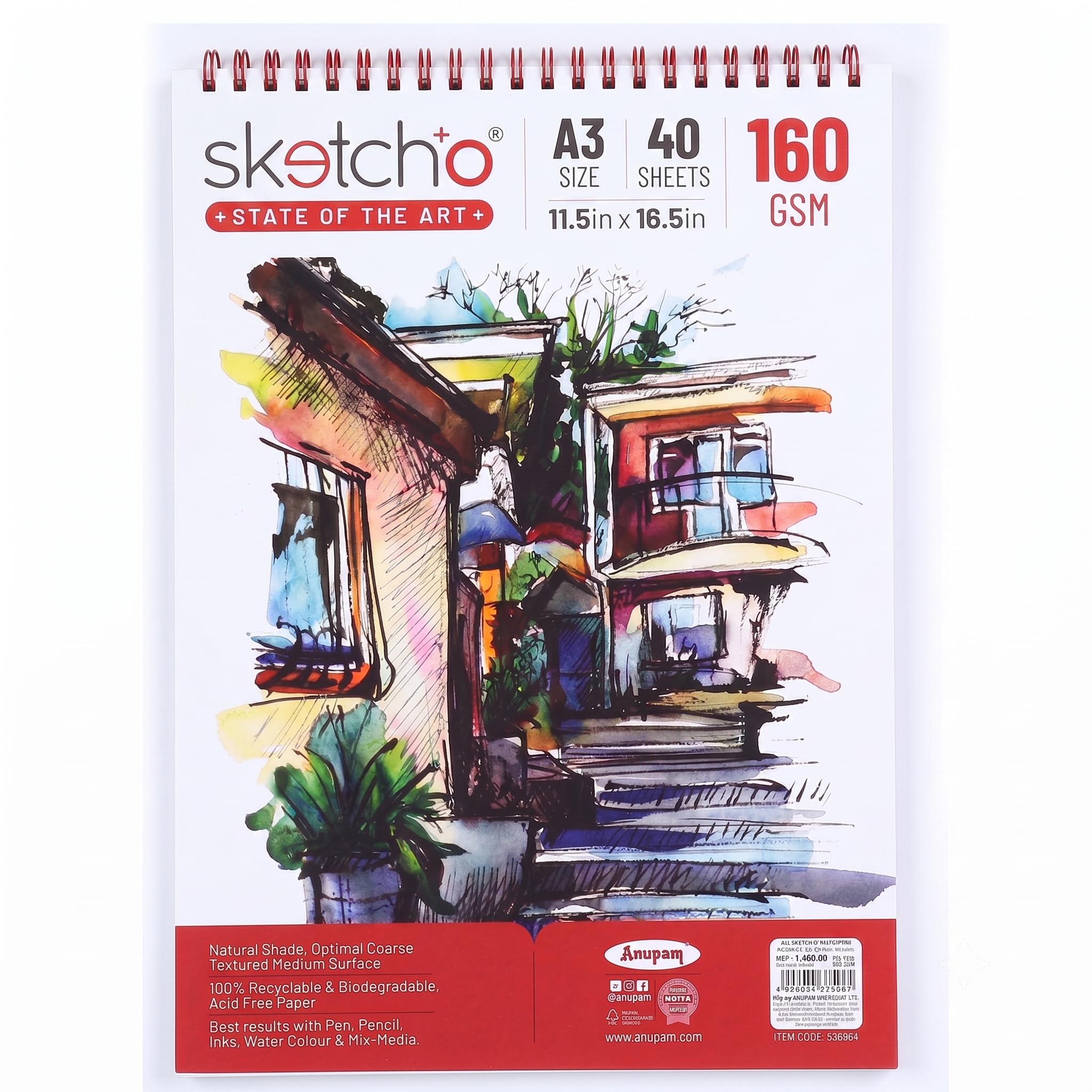 Anupam Sketch-O State of the Art Sketchbook | A3 | 160 GSM Acid-Free Drawing Paper | 40 Sheets | Top Spiral Bound | 180° Lay-Flat | All Media | Kids, Students & Professionals