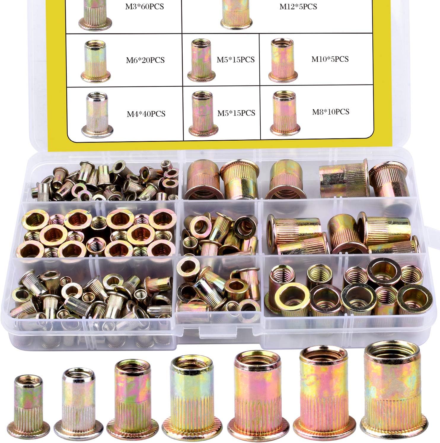 BONROB 170pcs Mixed Zinc Plated Carbon Steel Rivet Nut Threaded Insert Nutsert M3 4 5 6 8 10 12 Packaged by Plastic Case BO002