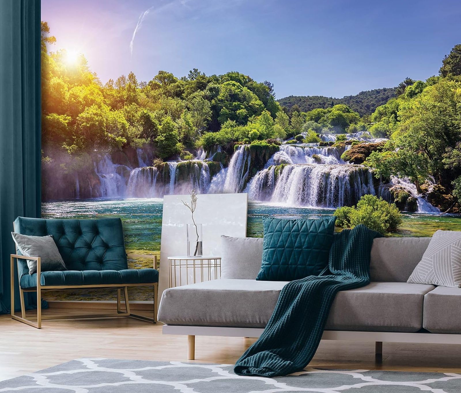 Kfjhgbdshhj 3D Mural Photo Mural-Wallpaper Waterfall Landscape Green Nature Forest Water - For Living Room Bedroom - 3D Effect,430Cmx300cm Poster - Wall Sticker - Frameless Picture
