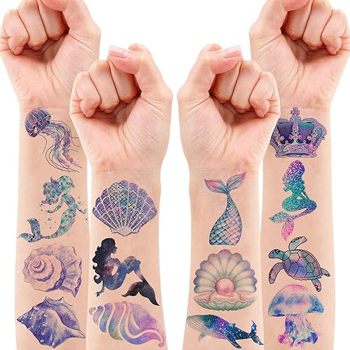 Miniatura 2 de 8 hojas (96 unidades) holográficos de tatuajes adhesivos de sirena para decoraciones de cumpleaños, suministros de fiesta, suministros temáticos