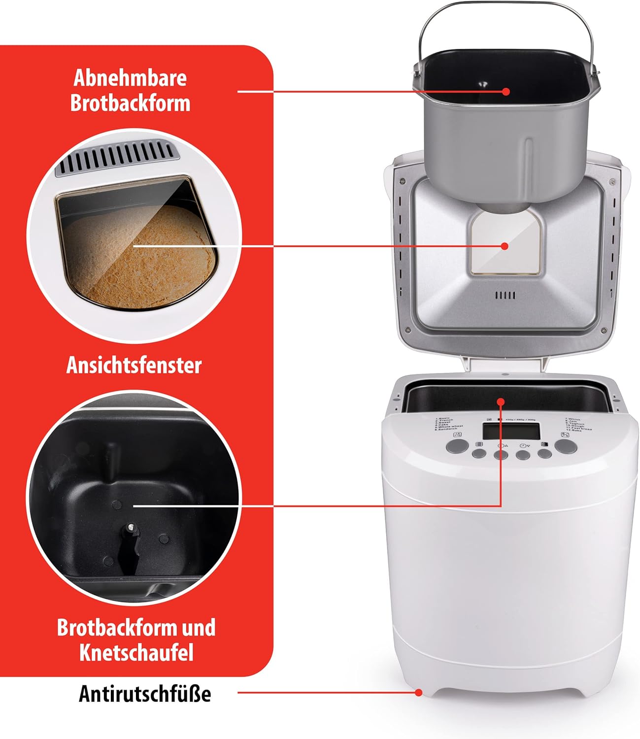 alpina Macchina per il pane – Macchina per il pane – Pane da piccole a grandi: 450 – 680 – 900 grammi – Timer – 12 programmi di cottura – anche per torte, marmellate e ketchup – 600 W alpina Macchina per il pane – Macchina per il pane – Pane da piccole a grandi: 450 – 680 – 900 grammi – Timer – 12 programmi di cottura – anche per torte, marmellate e ketchup – 600 W