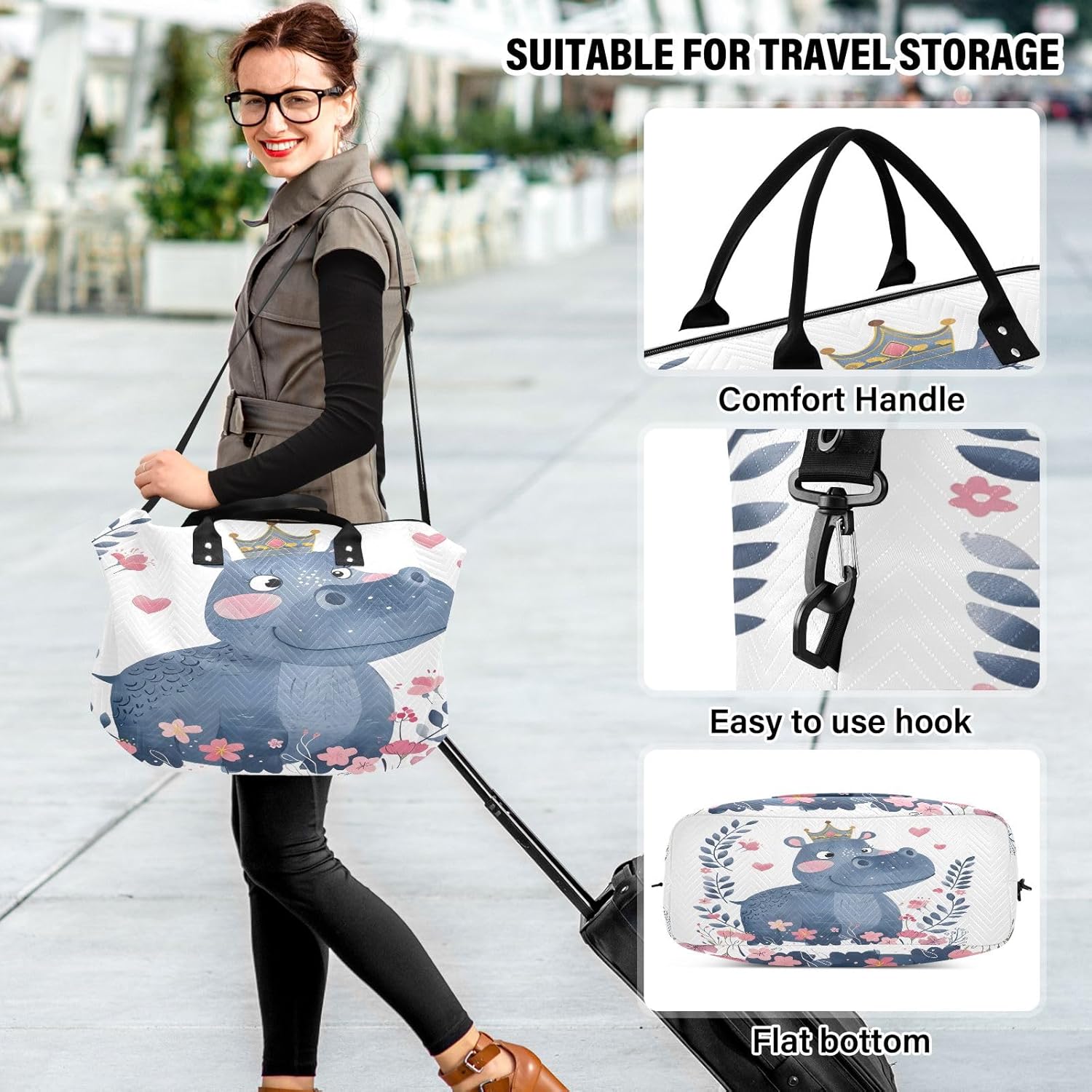 Travel Duffle Bag, Little Princess Hippo A Crown Gym Bag with Storage Bag Weekender Overnight Bag for Men Women Trip Sports Yoga