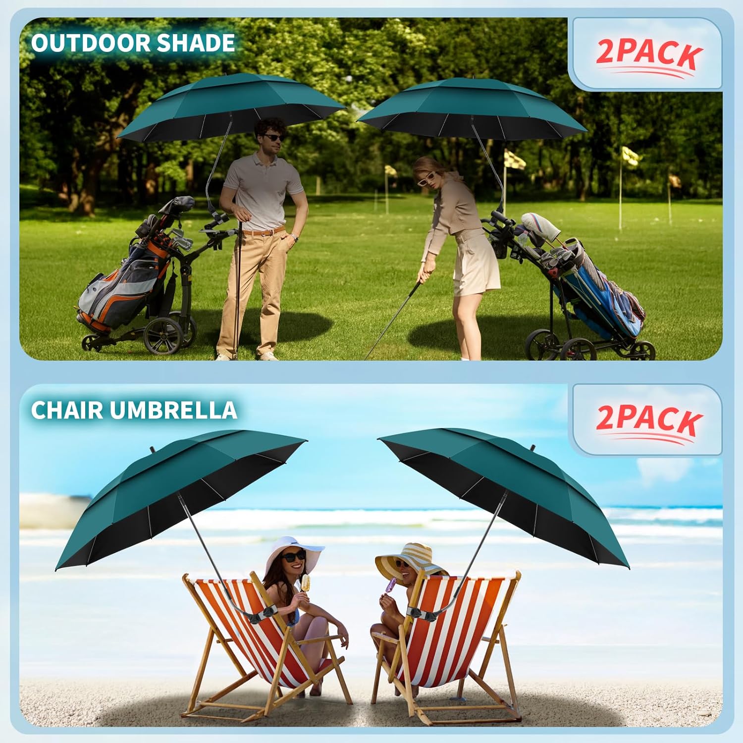 2 Pack 48.6" Double Canopy Beach Umbrella with Clamp, UPF50+ Beach Chair Umbrella with clip, 360°Adjustable Portable Outdoor Wheelchair, Patio, Golf Carts,Camping(Blackish Green, Not Include Chair) - Image 6