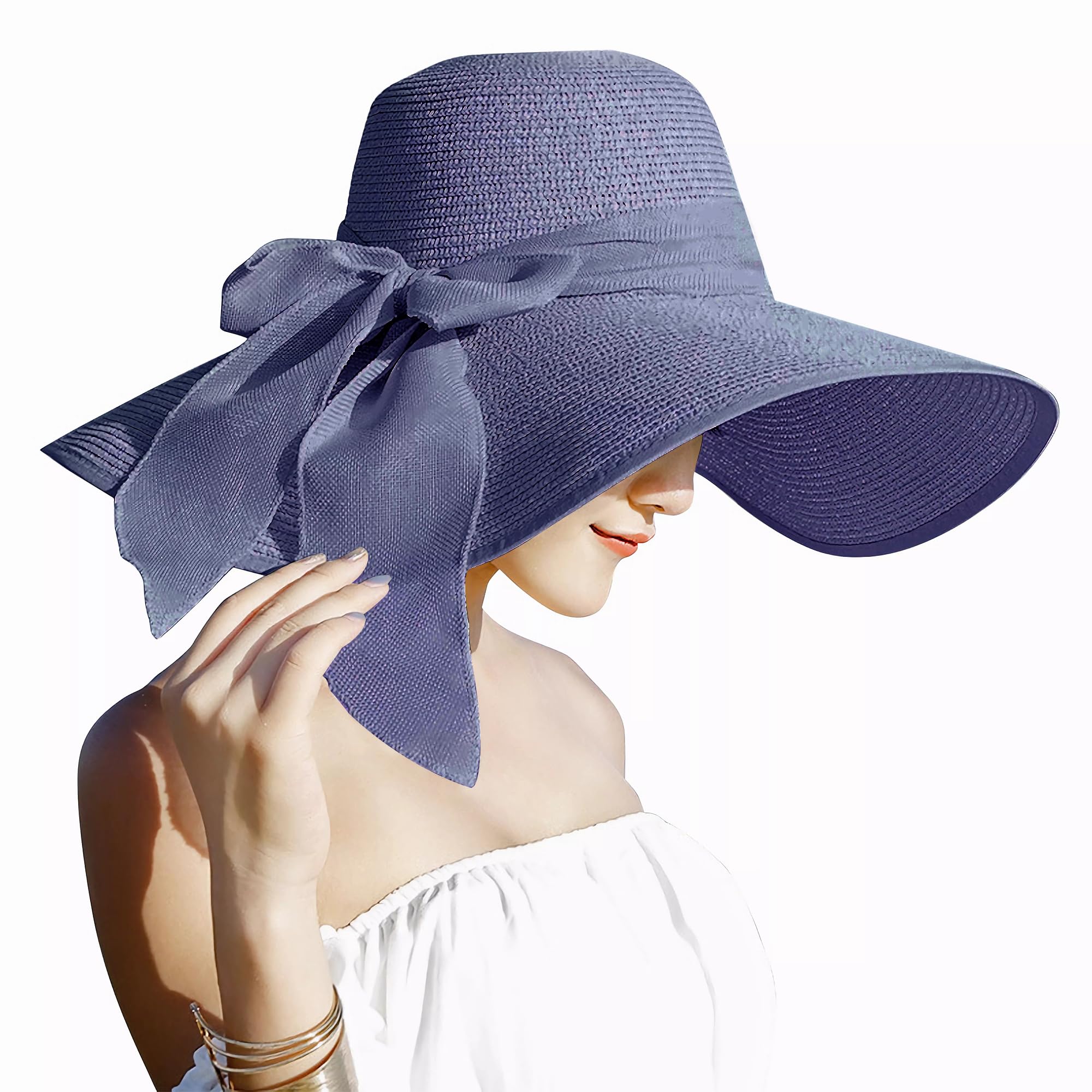 Women\'s White 5.7 Inches Big Bowknot Straw Hat Large Floppy Foldable Cap Womens 5.5 Inches Big Bowknot Straw Hat Large Floppy  main image 2