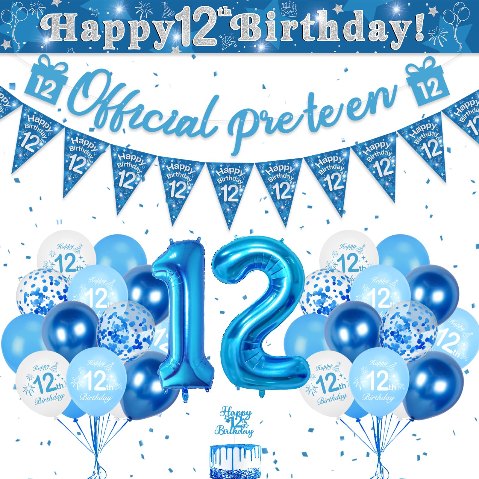 Blue 12th Birthday Party Decorations for Boys - Happy Birthday Banner, Number 12 Balloons, Triangle Flag, Confetti - Boys' Party Supplies