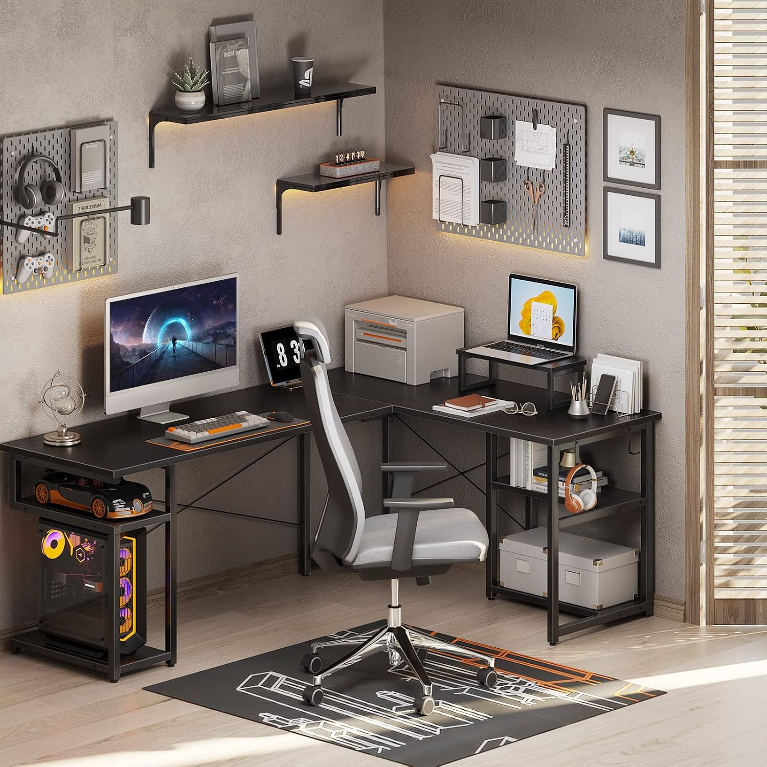 ODK 66" L Shaped Computer Desk with Storage Shelves & PC Gaming Desk with Monitor Stand, Home Office Writing Desk, Modern Larger Wooden Desk, Black