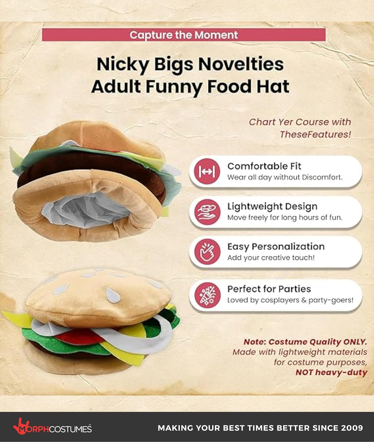 Nicky Bigs Novelties Hamburger Hat, Hamburger Headband, Ham Burger Costume Adult, Funny Headband, Funny Hat, Crazy Hats, Silly Hats For Adults