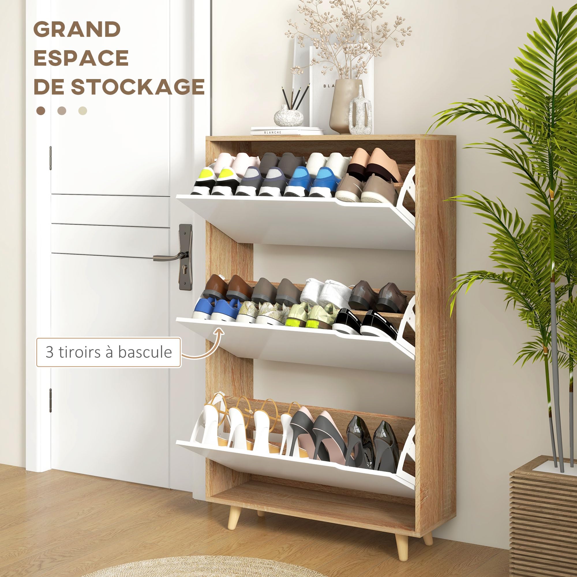 HOMCOM Meuble à Chaussures 3 Abattants 72L x 24l x 119H cm Naturel et Blanc