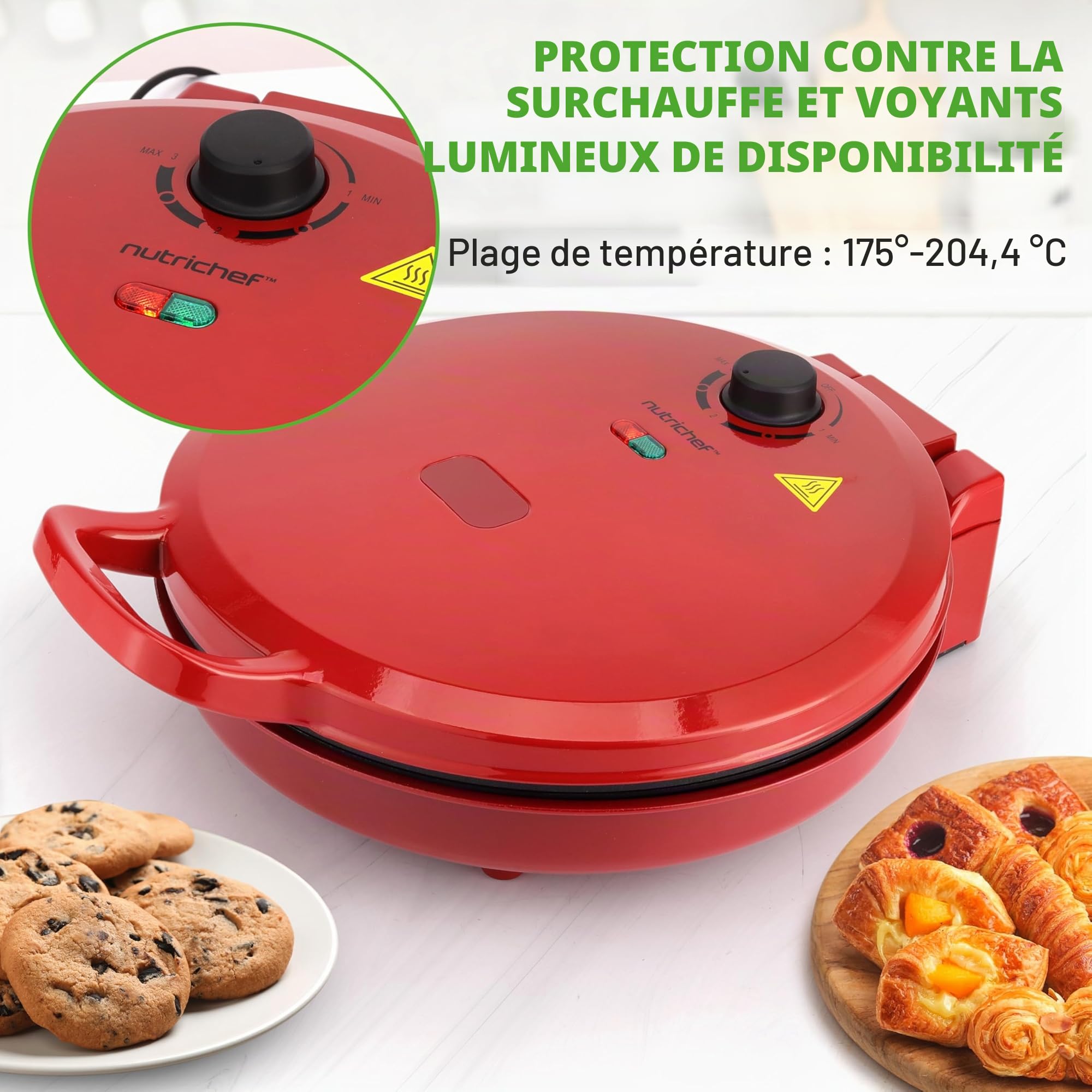 NutriChef Four à Pizza Électrique 1500W - Appareil de Cuisson Antiadhésif Ø30 cm - Idéal pour Pizza Maison, Pain Grillé, Œufs, Crêpes & Plus - Compact, Poignées Froides, Température 80-200°C - Rouge
