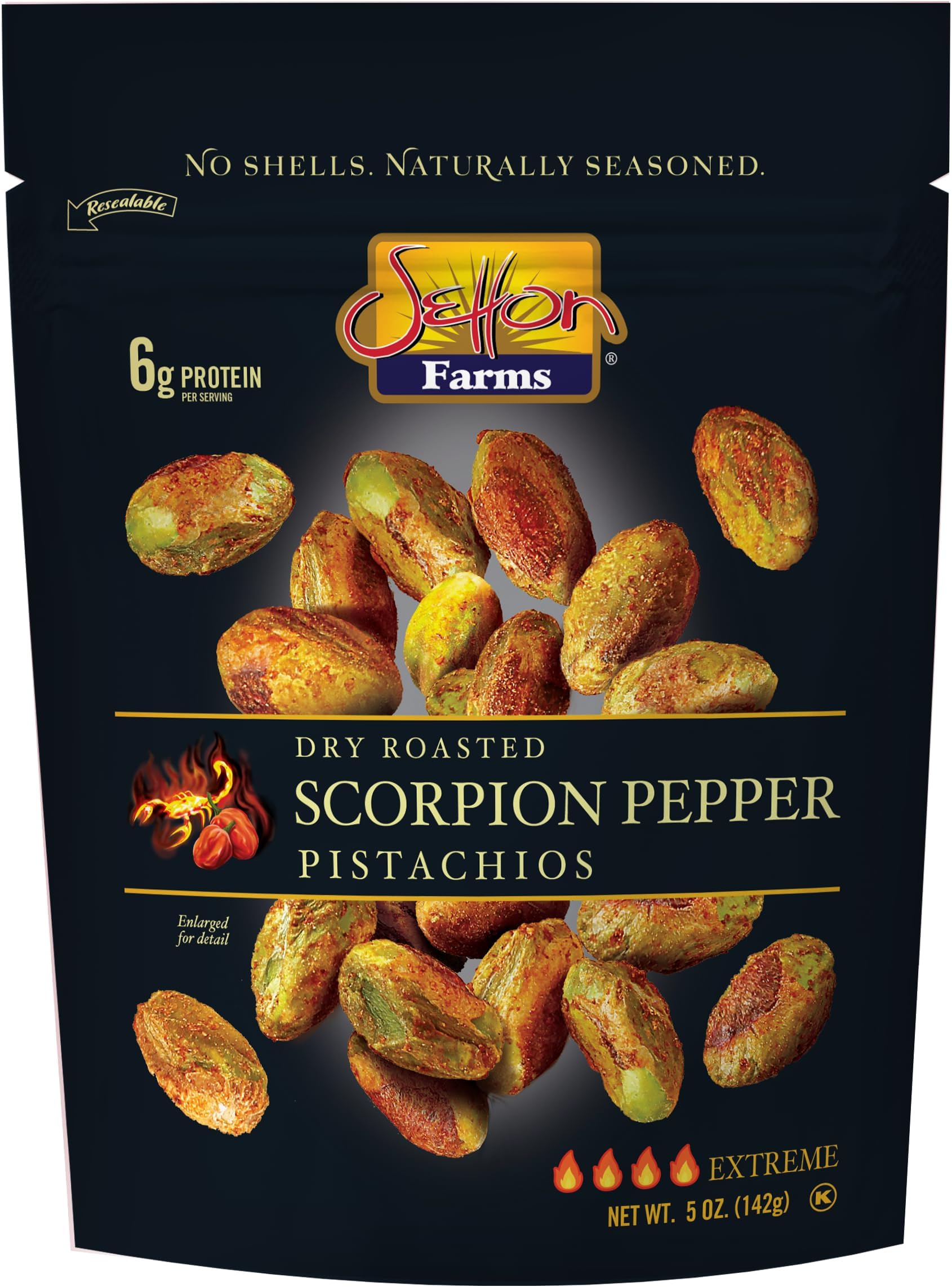 Setton Farms Pistachios, Scorpion Pepper Extreme Flavor, Naturally Seasoned, Dry Roasted No Shell, Non-GMO Project Verified, Gluten Free, Vegan, Kosher, 5 Oz