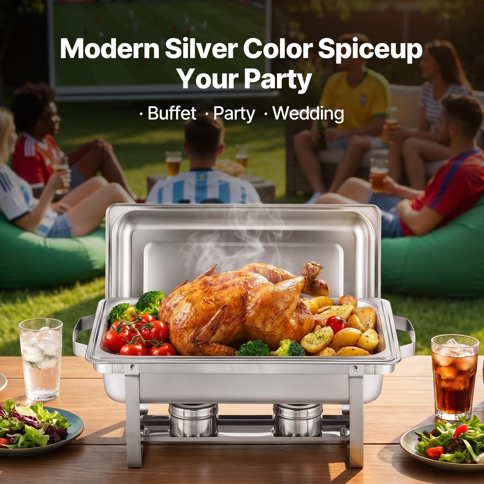 VEVOR Juego de 4 Platos para Calentar Alimentos de Acero Inoxidable con 4 Sartenes Tamaño Completo(7,5 L), Rectangular, para Catering con Tapa, Soporte para Bandeja de Agua y Combustible, Plata