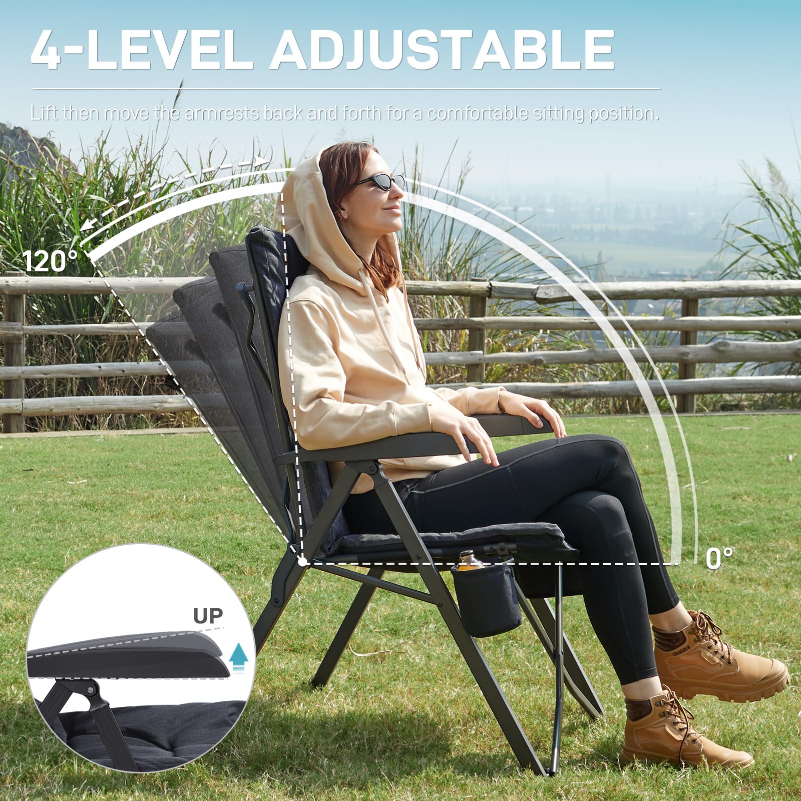 EVER ADVANCED Sedia da campeggio pieghevole con schienale regolabile in 4 posizioni fino a 150 kg, spessore 6 cm, imbottita con tasca laterale, porta bevande, sedia da giardino, schienale alto, sedia