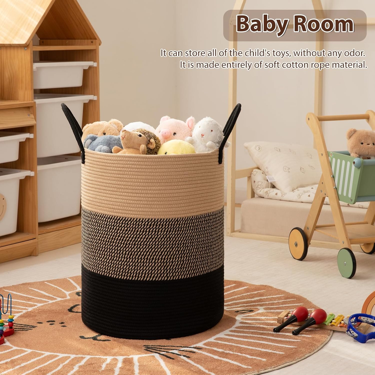 OIAHOMY Large Laundry Basket Hamper - 80L Cotton Rope Woven Basket for Blankets, Toys, Clothes - Tall Decorative Nursery Hamper with Long Handles, Yellow/Black