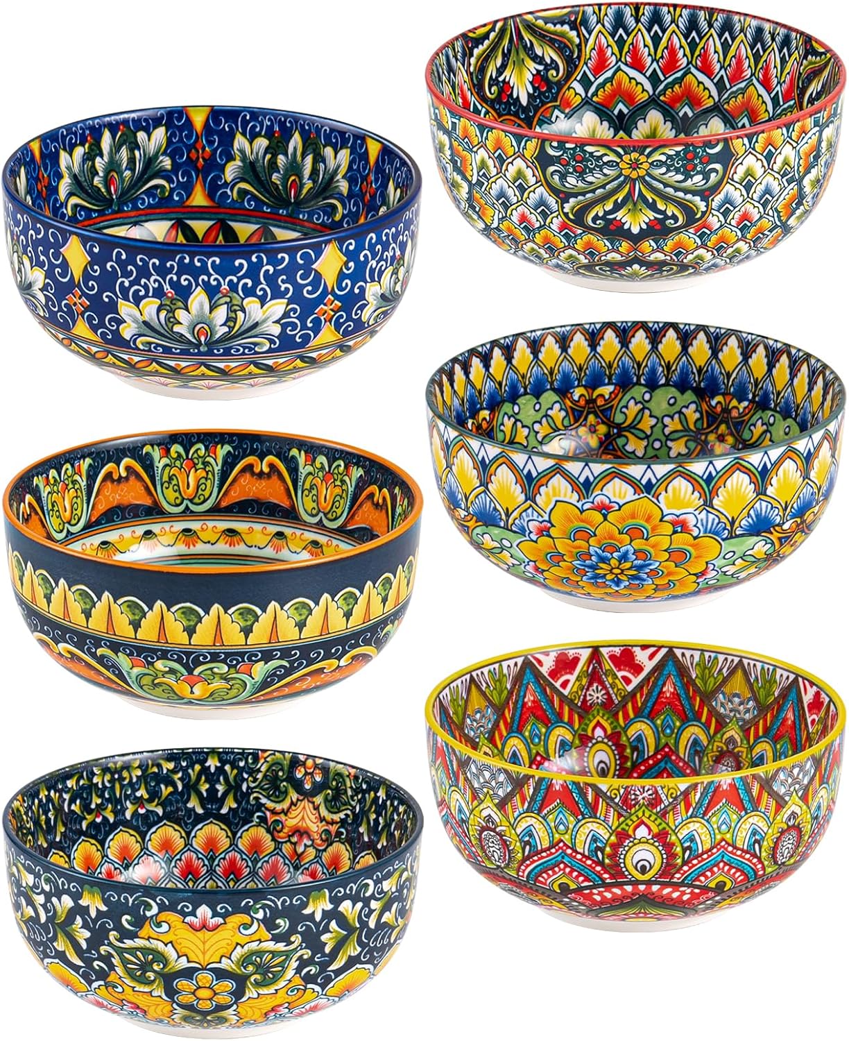 Henten Home Ceramic Soup Bowls Set, 28 oz Cereal Bowl Set of 6, Colorful Bohemian Style Bowls for Salad, Pasta, Rice, Dishwasher & Microwave Safe
