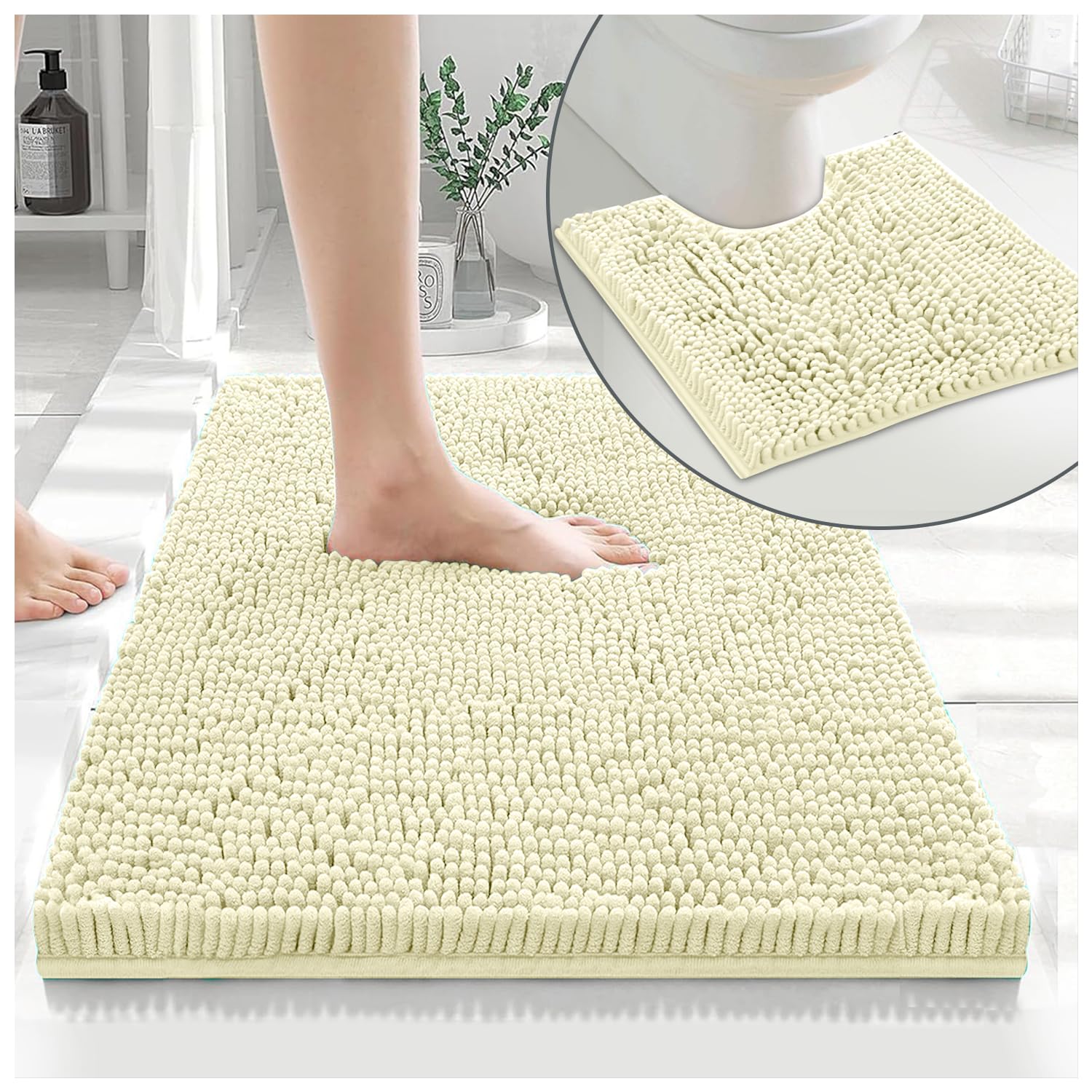 GC GAVENO CAVAILIA Soft Bath Mat Sets For Bathroom | 2 Piece Bath Mat Non Slip Back | Highly Water Absorbent & Fast Drying 100% Microfiber Chenille Toilet Rug with Pedestal Mat | Cream