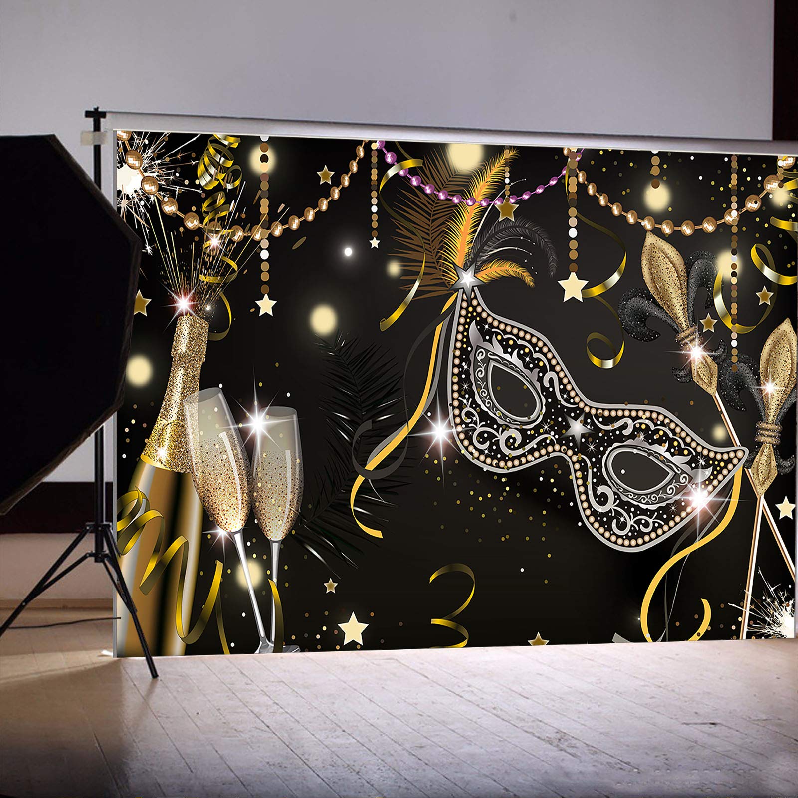 Avezano 3*2.1m Fondo de fotografía de confeti de oro negro Máscara de champán Fondo de foto para mascarada Fiesta de baile Máscara Fiesta de cumpleaños Decoración de banner
