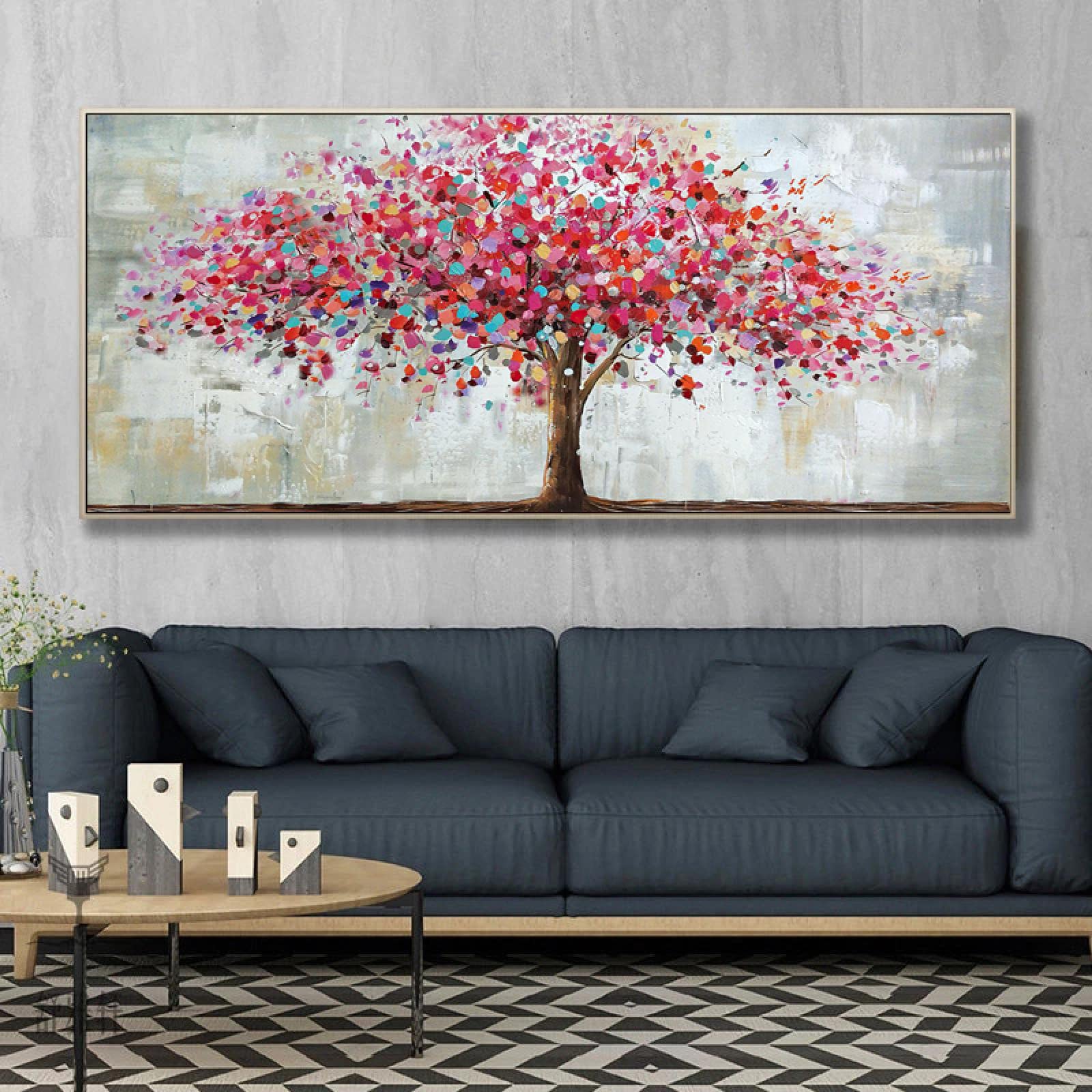 Red Rich Tree Pintura al óleo Impreso en lienzo Impresiones Decoración para el hogar Cartel abstracto Imágenes de arte de pared modernas para sala de estar 80x160cm (32x63in) con marco