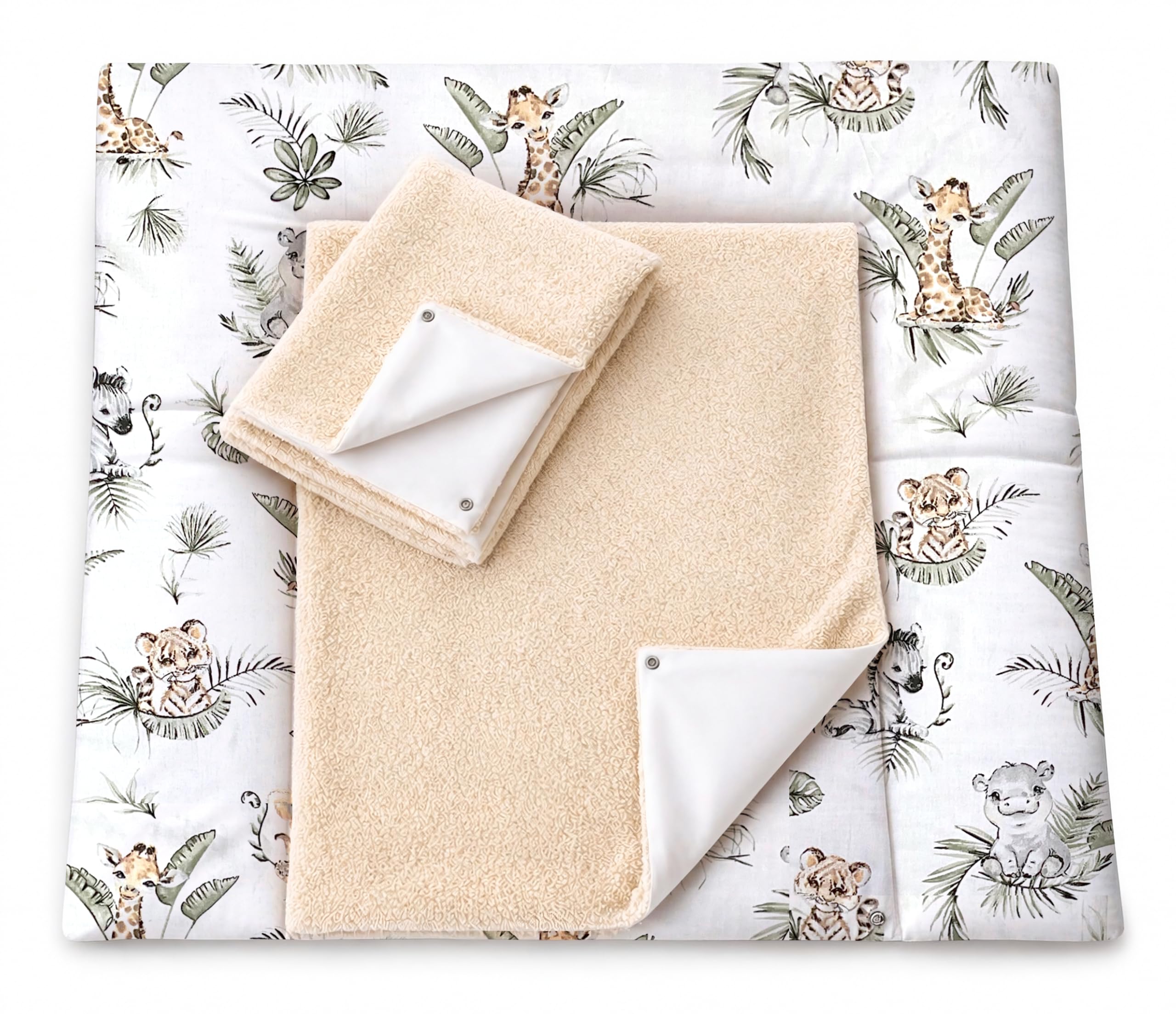 Wickelauflage mit 2 wasserfesten Frotteebezügen – 3-teiliges Set mit Druckknöpfen – Baby Wickelunterlage - Wickeltischauflage aus Baumwolle – 75x70 cm (Breite x Tiefe), Safari
