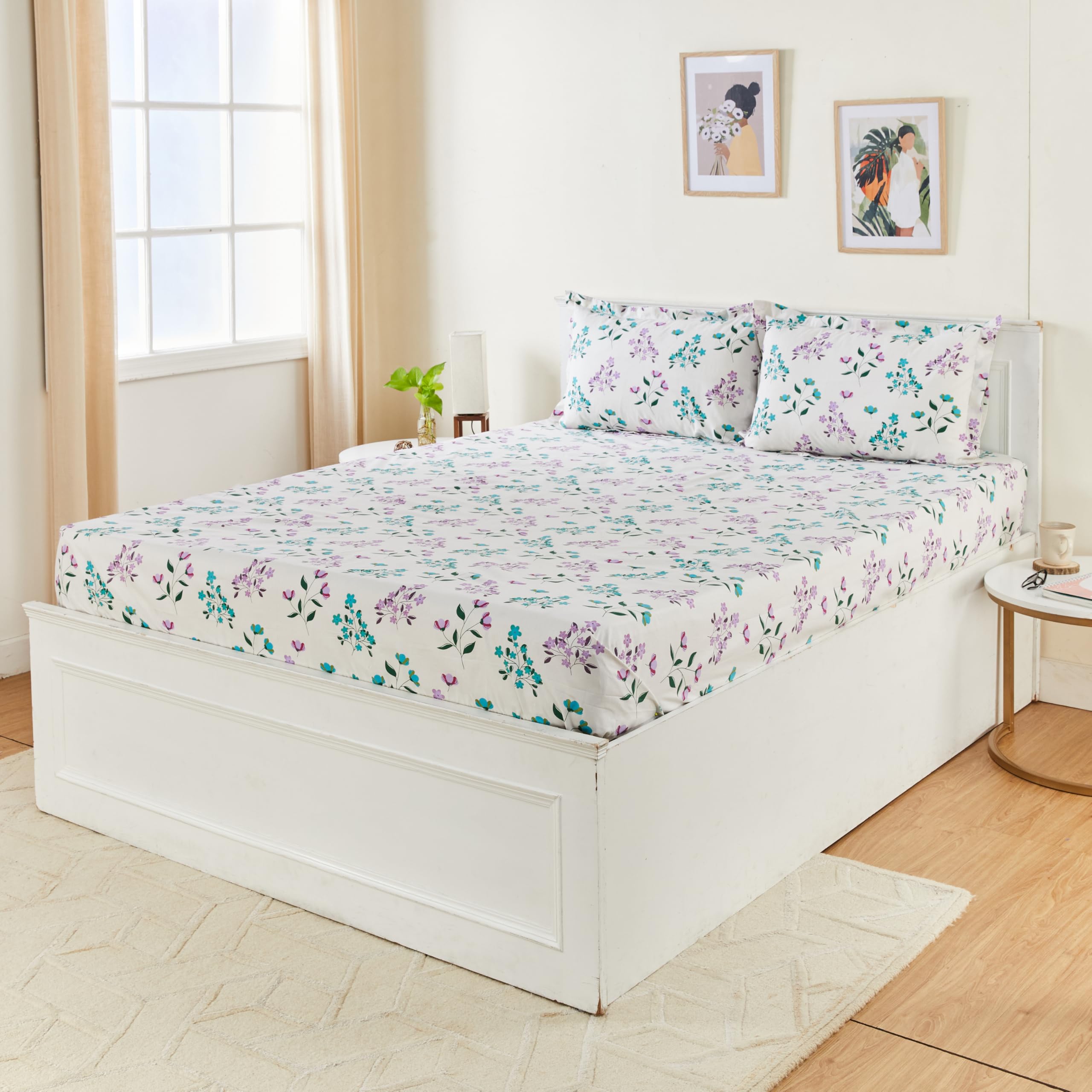 Amazon Brand - Solimo Elegant Floral 144 TC Cotton Queen Bedsheet with 2 Pillow Covers | 90x100 Inch | Green & White |-image-10