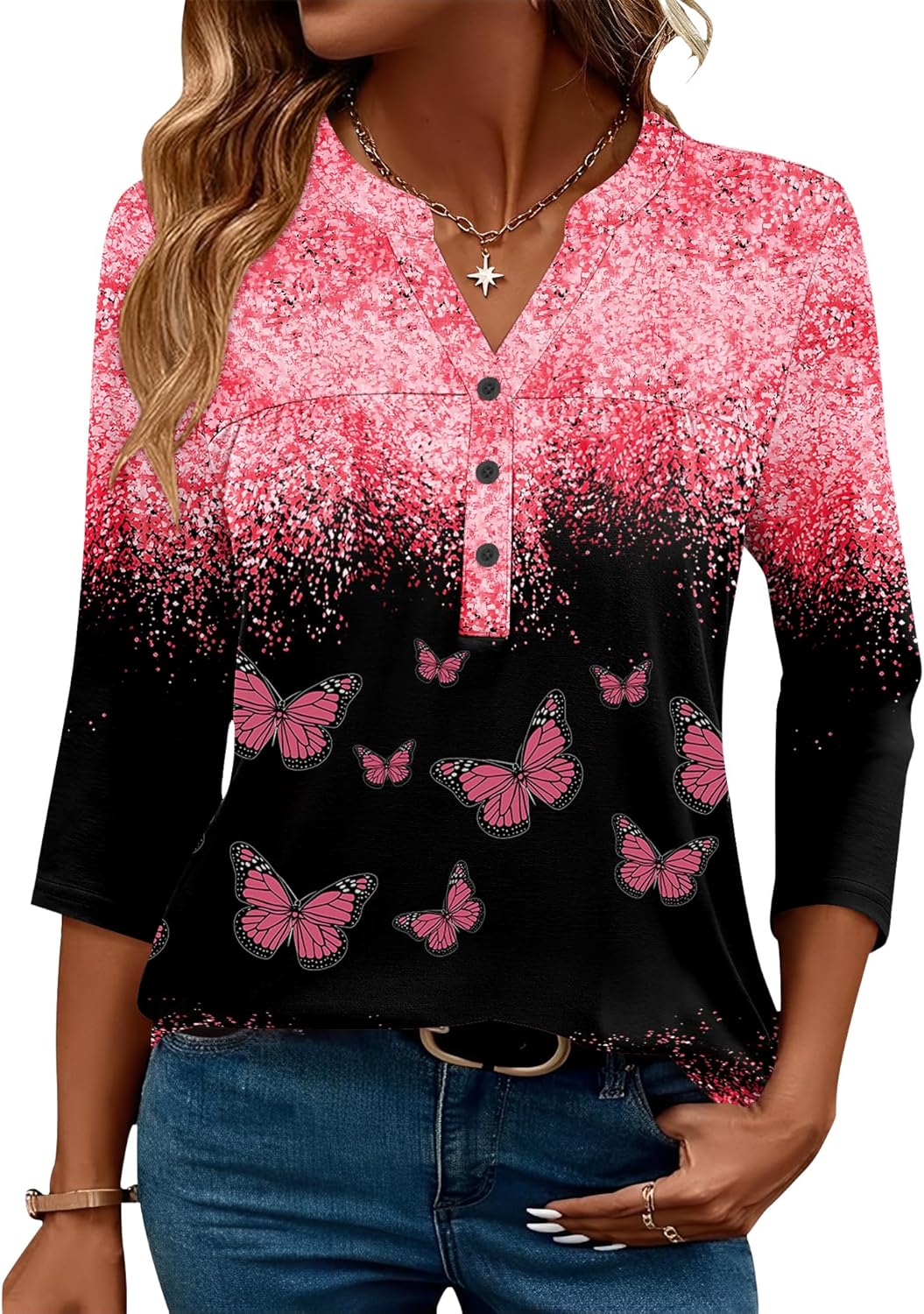 LOMON Womens Tops 3/4 Sleeve Botton Down Shirts Casual V Neck Tunic Blouses Pleated Fashion Summer Tees 2026 Trendy S-3XL