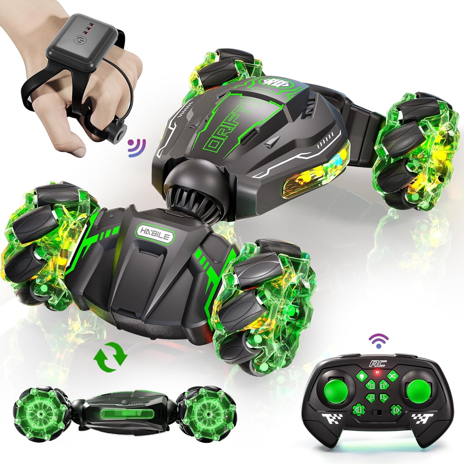 Uregoio Remote Control Car, 2.4GHz 4WD Gesture Sensing RC Stunt Car, Drift Hand Controlled Twist Cars with Light & Music, Cool Birthday Gifts for Kids Boys Toy Age 6 7 8 9 10 11 12 Years Old(Green)